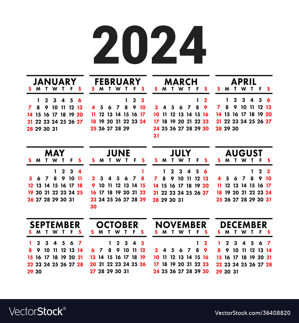 Calendar 2024 English Square Wall Or Pocket Vector Image for 2024 Pocket Calendar Printable