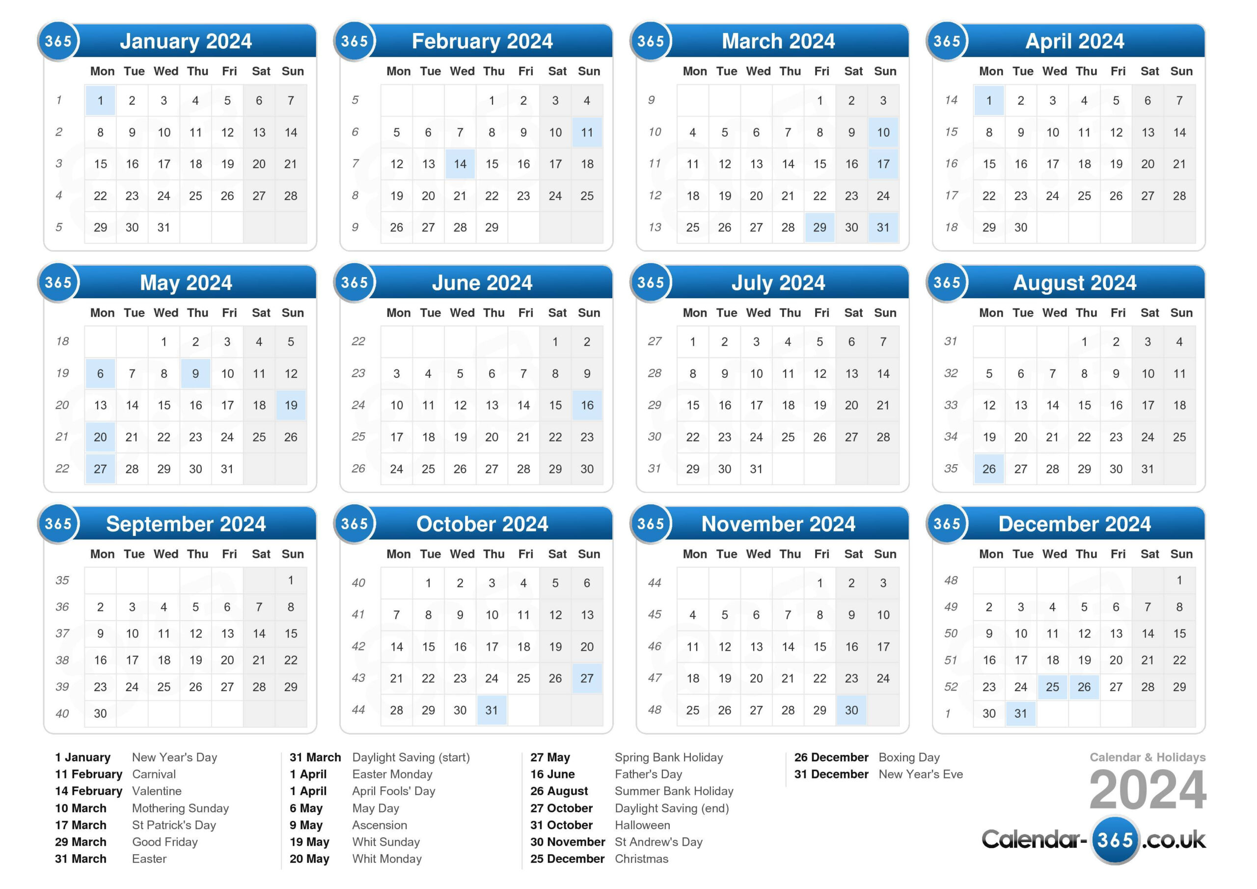 Calendar 2024 for 2024 Calendar With Bank Holidays Printable