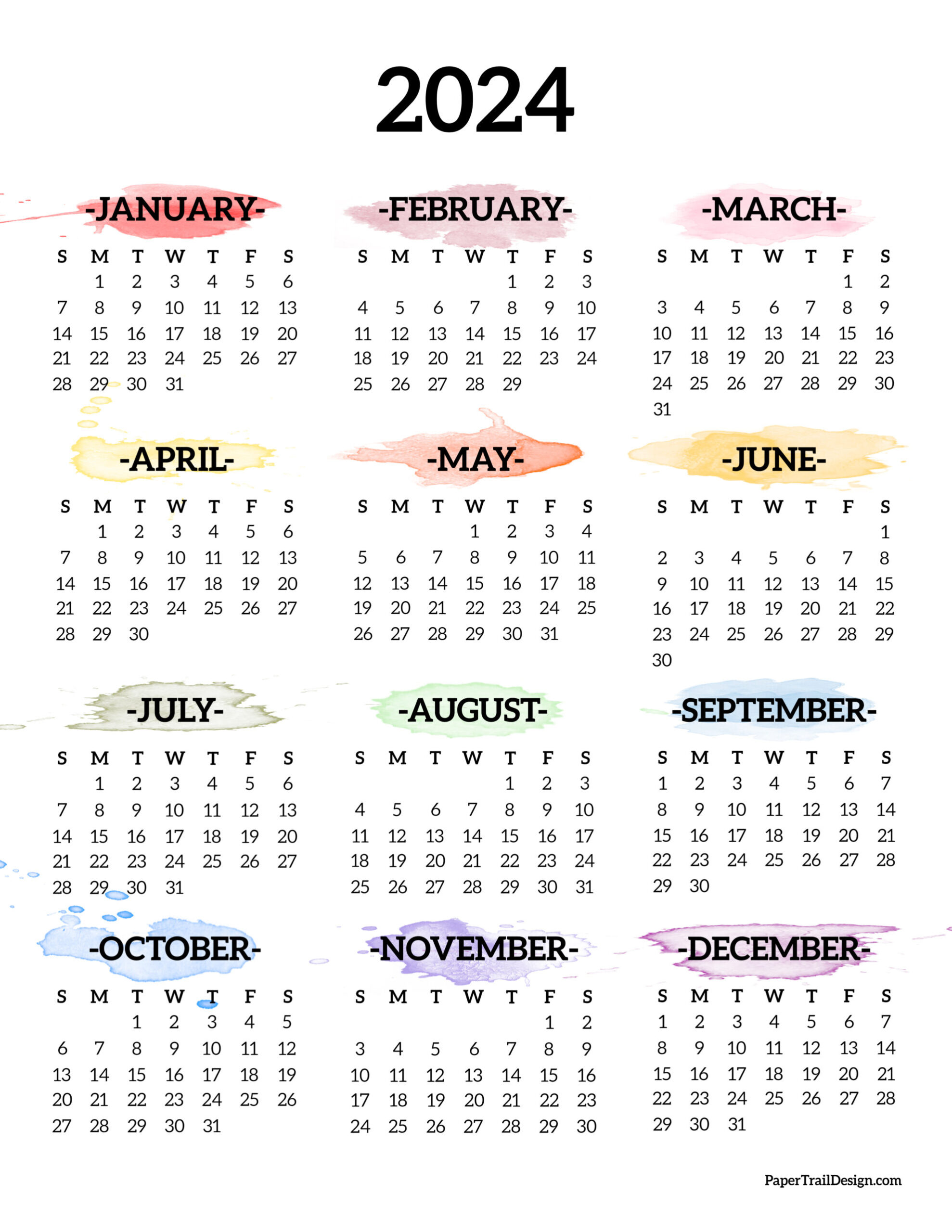 Calendar 2024 Printable One Page - Paper Trail Design for 1 Year Calendar 2024 Printable