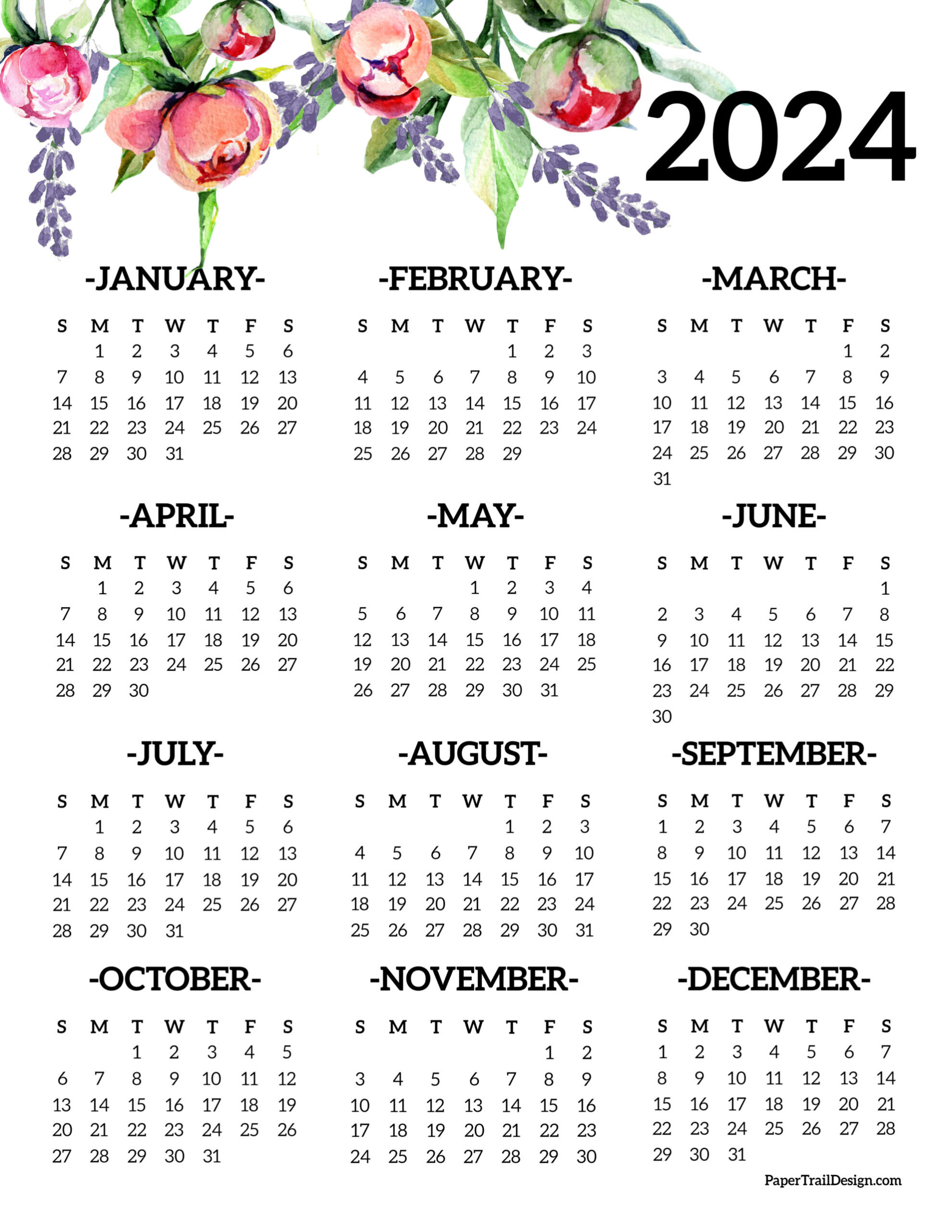 Calendar 2024 Printable One Page - Paper Trail Design for 2024 Calendar On One Page Printable