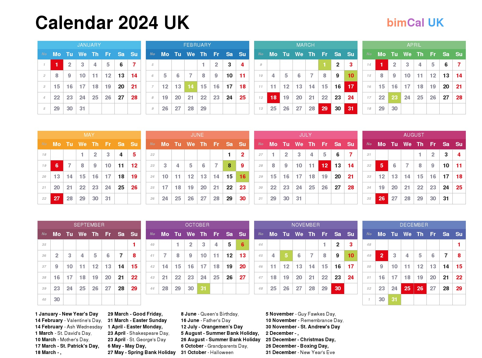 Calendar 2024 Uk - Bimcal.uk 🇬🇧 for 2024 Calendar With Bank Holidays Printable