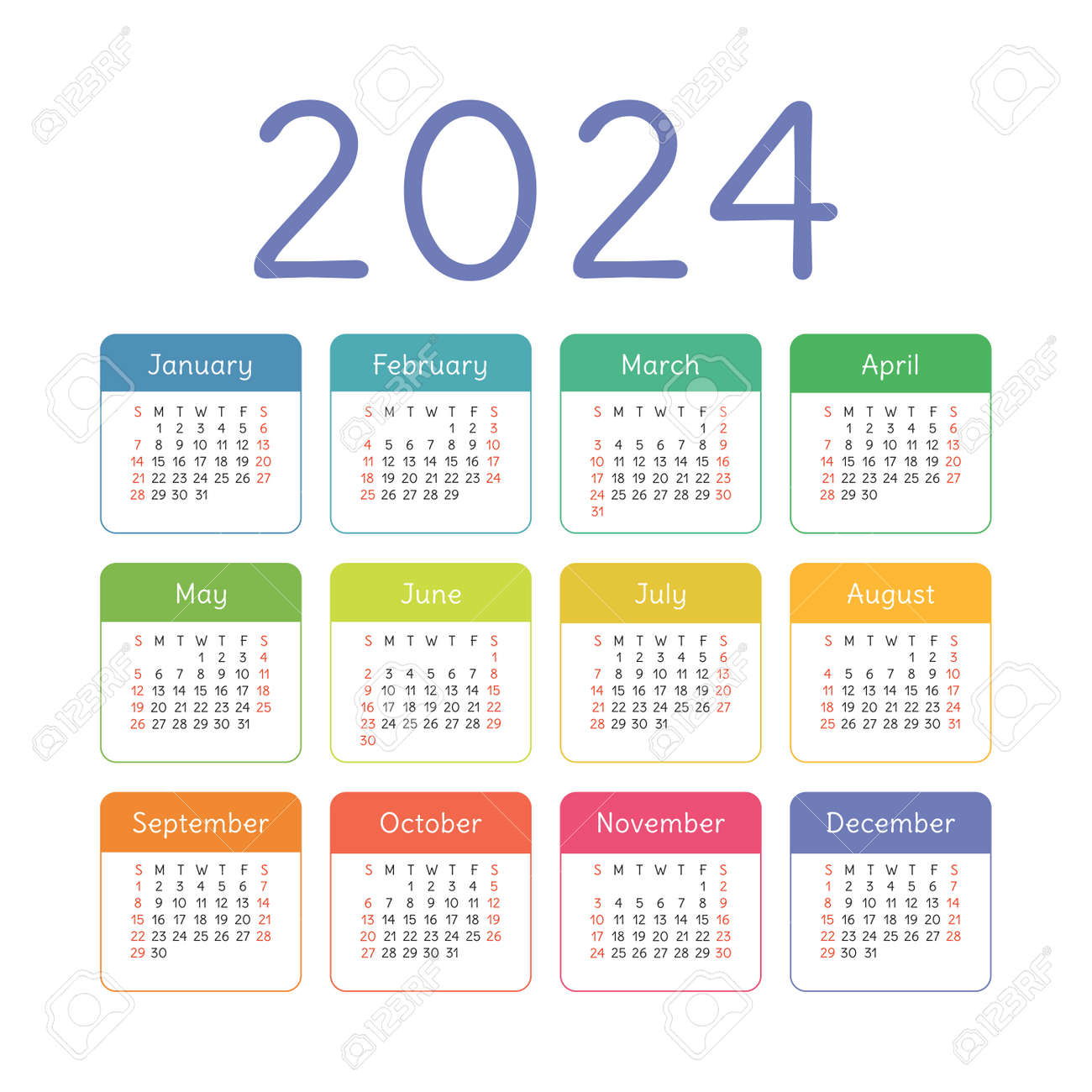 Calendar 2024 Year. English Colorful Vector Square Pocket Or Wall for Free Printable Calendar 2024 For Kids