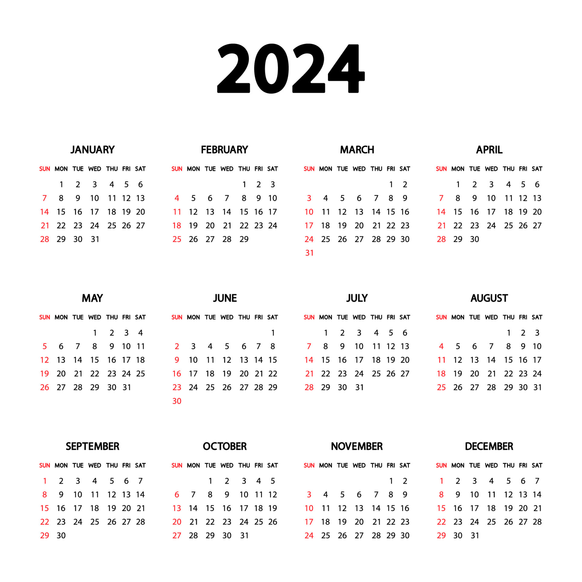 Calendar 2024 Year. The Week Starts Sunday. Annual English for Simple Printable Calendar 2024
