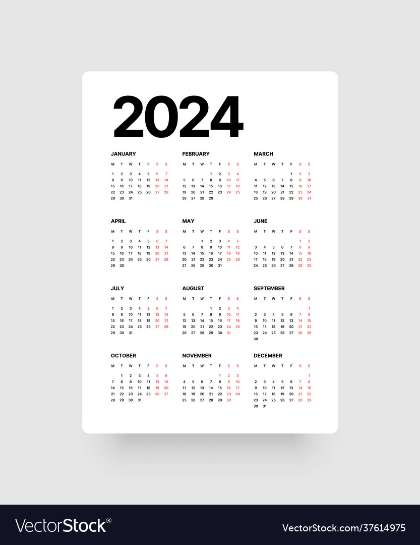 Calendar For 2024 Year Week Starts On Monday Vector Image for Printable Calendar 2024 Monday Start