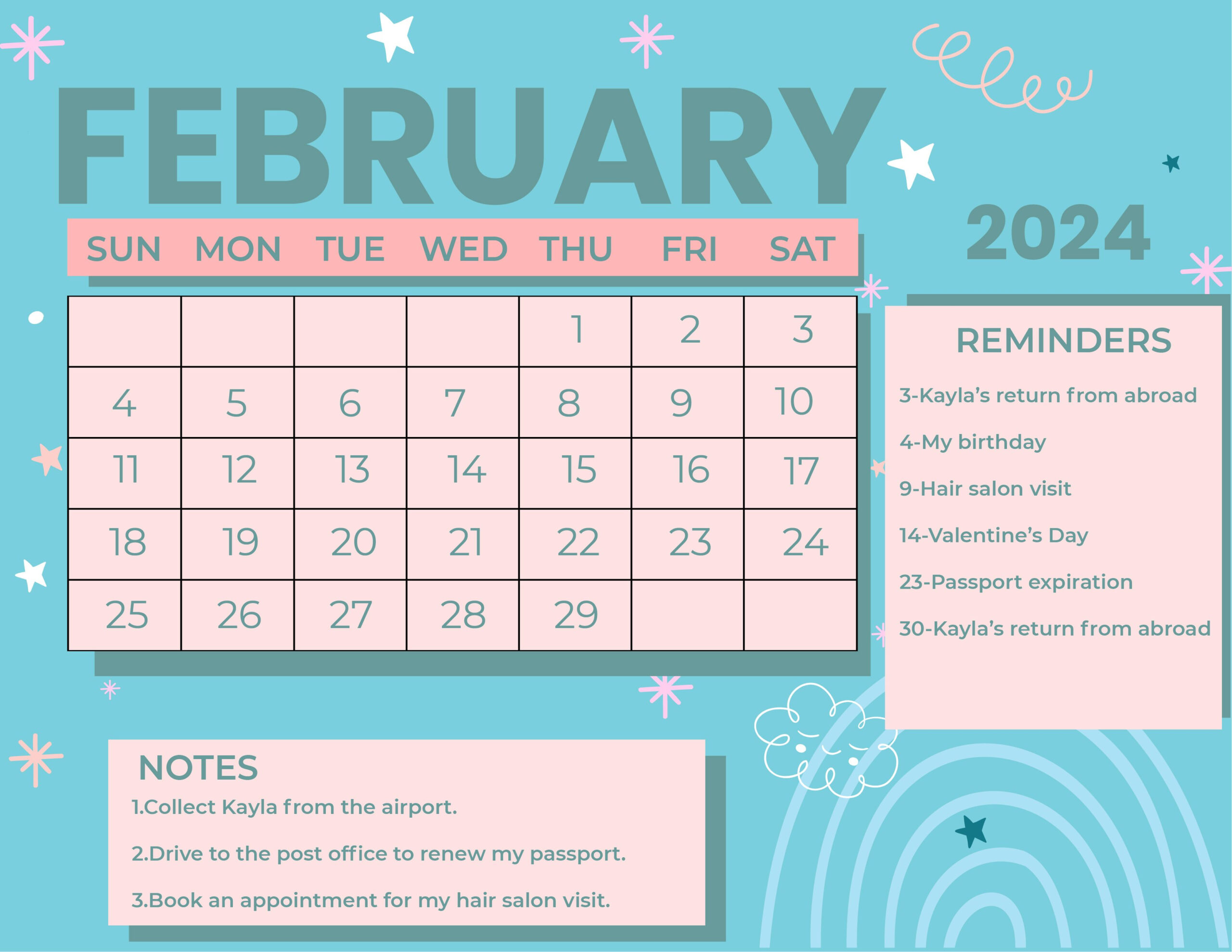 Cute February 2024 Calendar - Word, Illustrator, Eps, Svg, Jpg for February 2024 Calendar Printable Cute