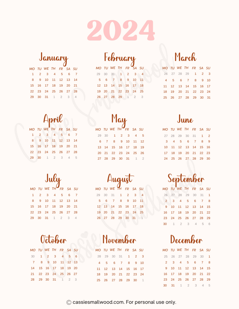 Cute Free Printable Monthly Calendar 2024 - Cassie Smallwood for Aesthetic Printable Calendar 2024
