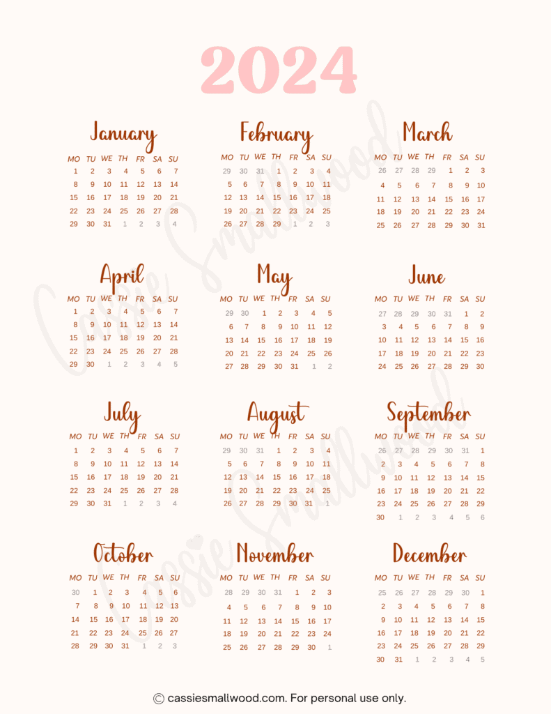 Cute Free Printable Monthly Calendar 2024 - Cassie Smallwood for Fun Printable Calendar 2024