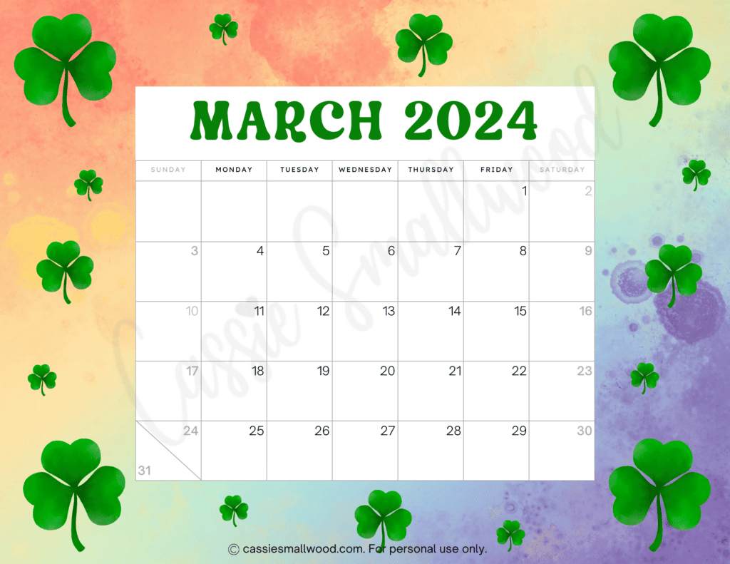 Cute Free Printable Monthly Calendar 2024 - Cassie Smallwood for March 2024 Calendar Printable Cute