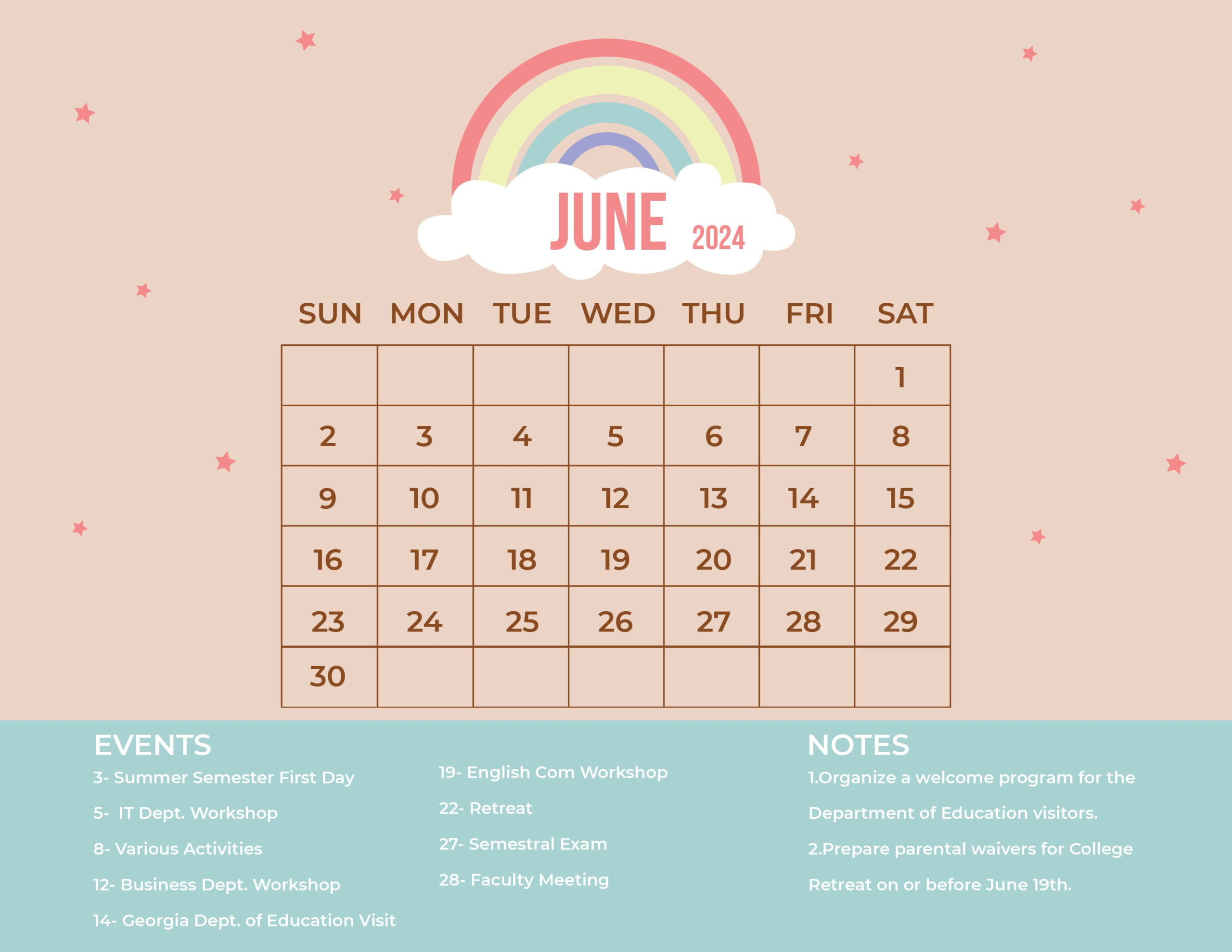 Cute June 2024 Calendar - Word, Illustrator, Eps, Svg, Jpg for Cute June 2024 Calendar Printable