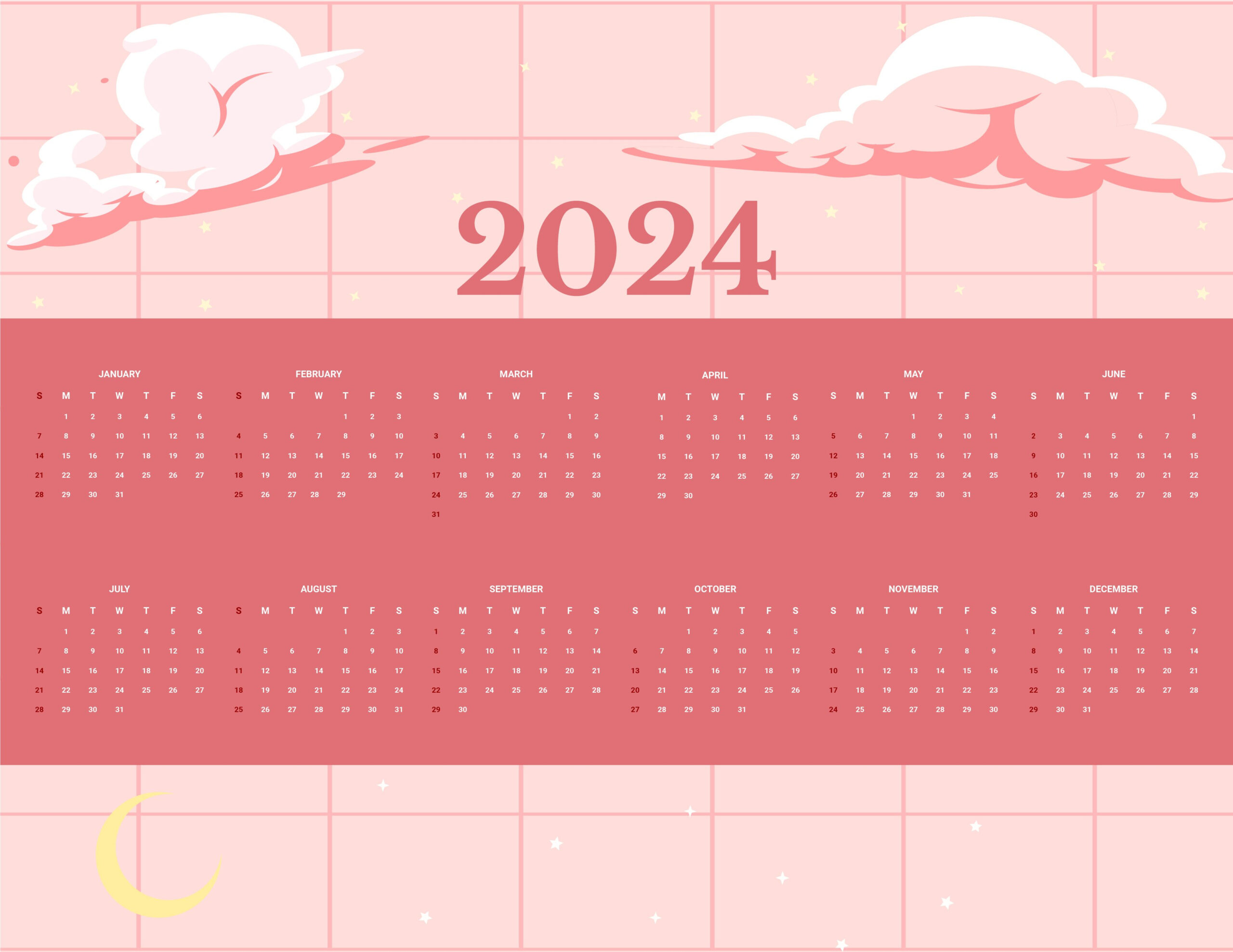 Cute Year 2024 Calendar - Word, Google Docs, Illustrator, Eps, Svg for Cute Printable Calendar 2024
