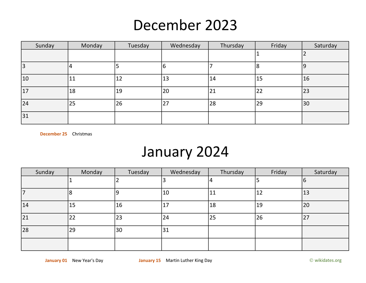 December 2023 And January 2024 Calendar | Wikidates for December 2023 And January 2024 Calendar Printable