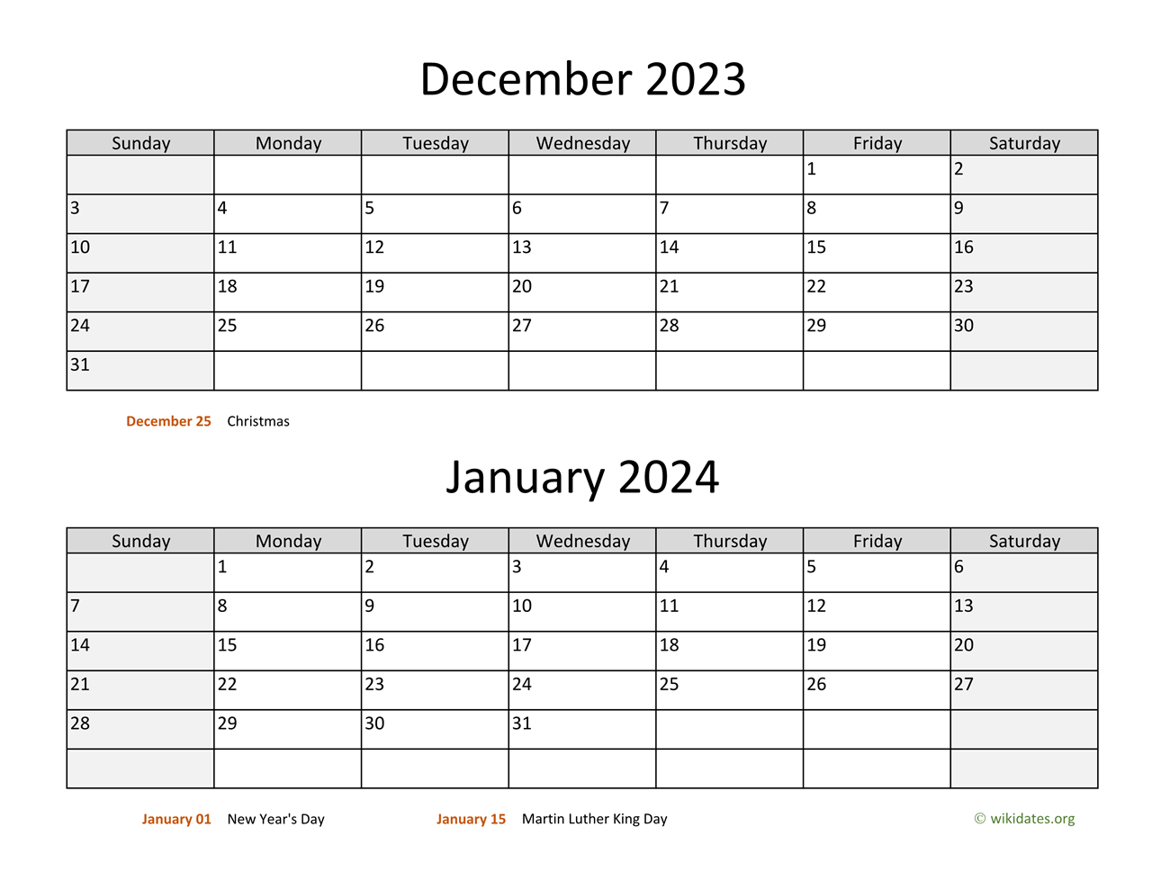 December 2023 And January 2024 Calendar | Wikidates for December 2023 January 2024 Printable Calendar