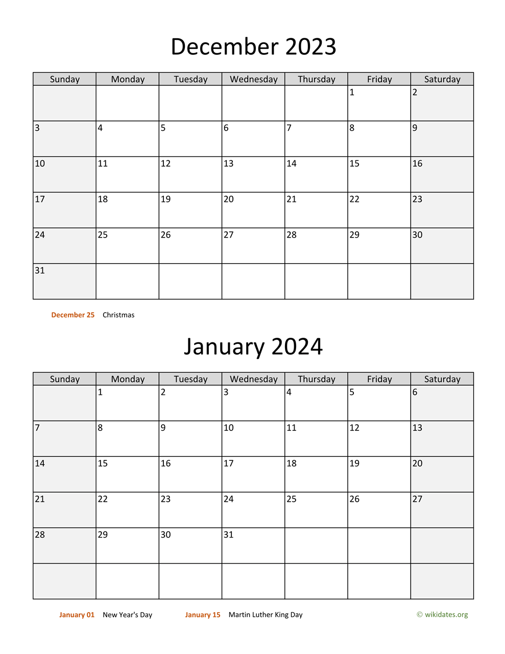 December 2023 And January 2024 Calendar | Wikidates for December 2023 January 2024 Printable Calendar