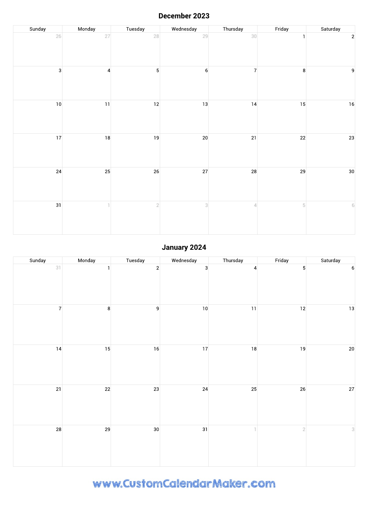 December 2023 And January 2024 Printable Calendar Template for December 2023 And January 2024 Calendar Printable
