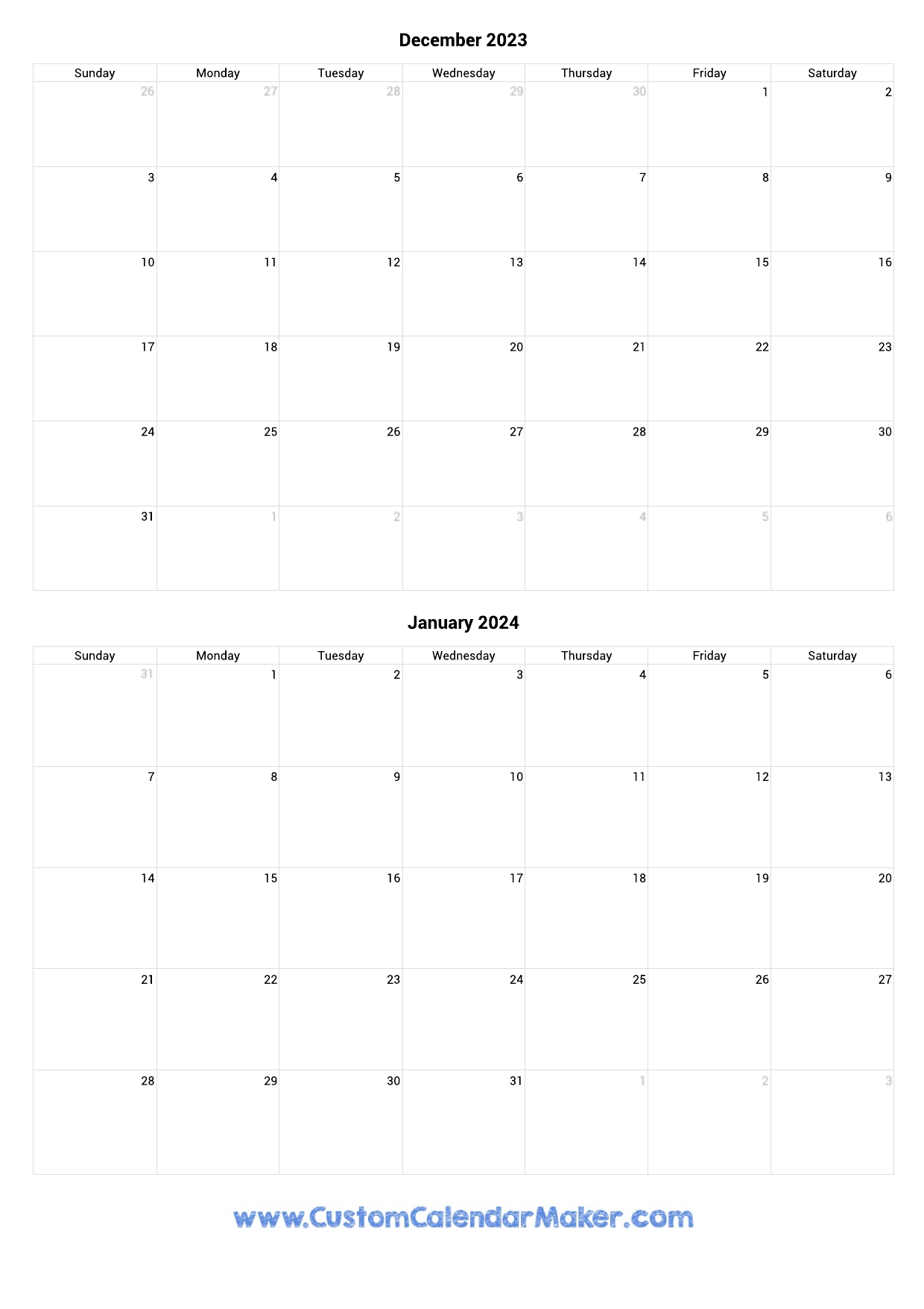 December 2023 And January 2024 Printable Calendar Template for Printable Calendar For December 2023 And January 2024