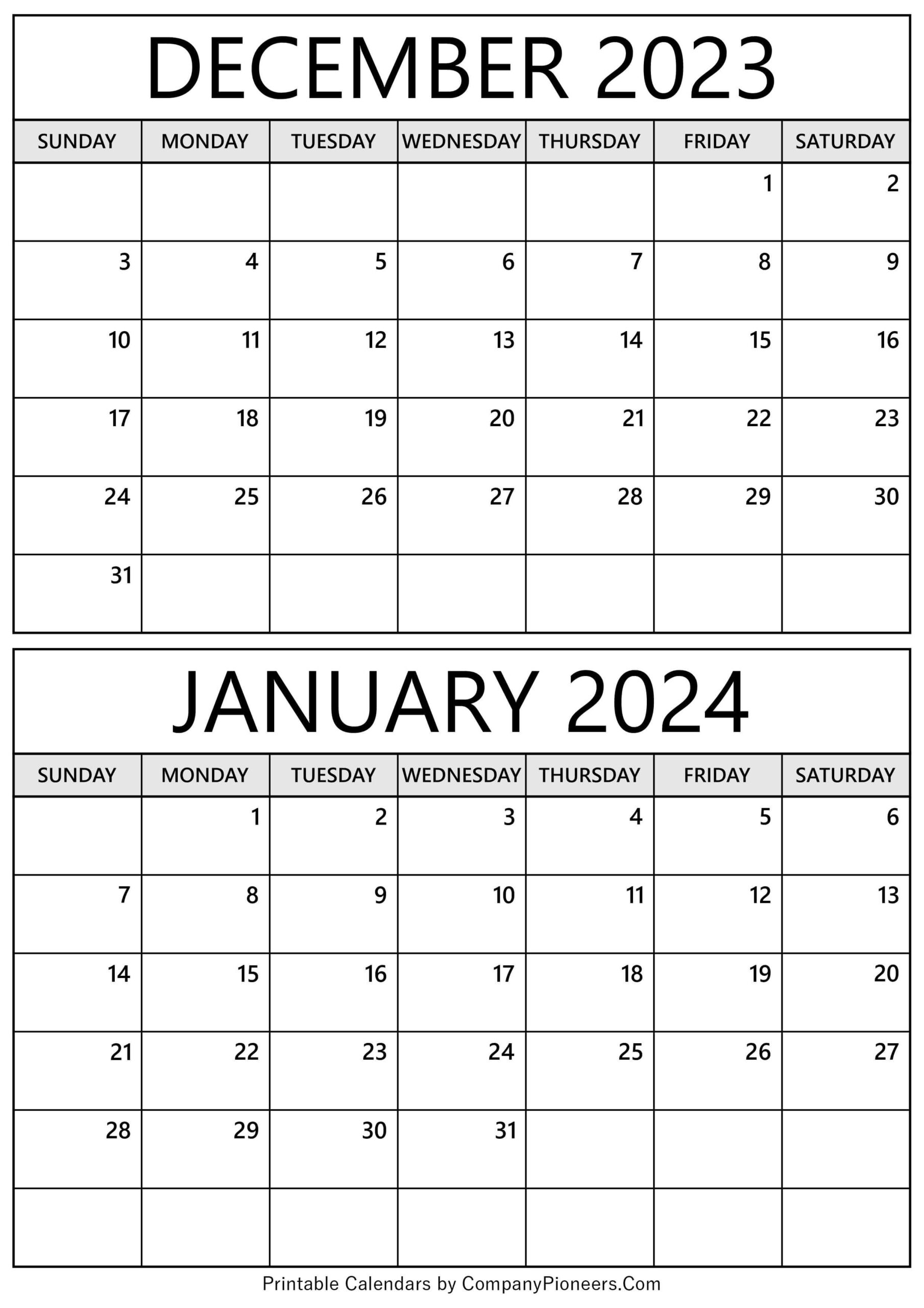 December 2023 January 2024 Calendar Printable - Template for December 2023 January 2024 Printable Calendar