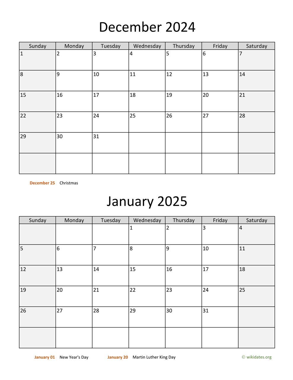 December 2024 And January 2025 Calendar | Wikidates for January - December 2024 Calendar Printable