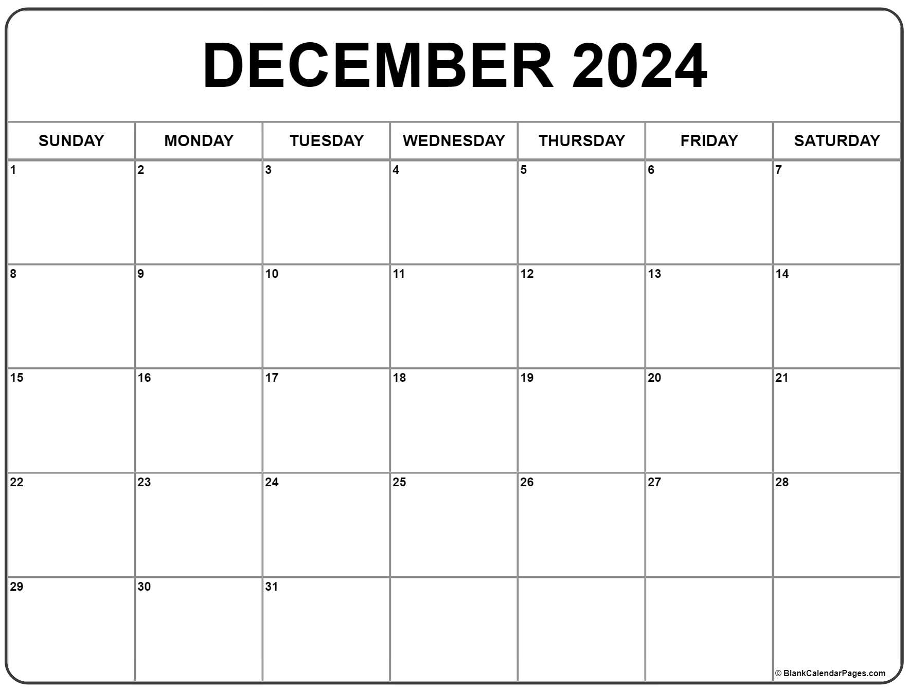 December 2024 Calendar | Free Printable Calendar for December Calendar 2024 Printable