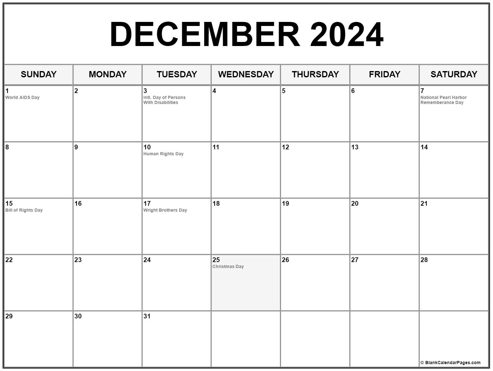 December 2024 With Holidays Calendar for Printable December 2024 Calendar With Holidays