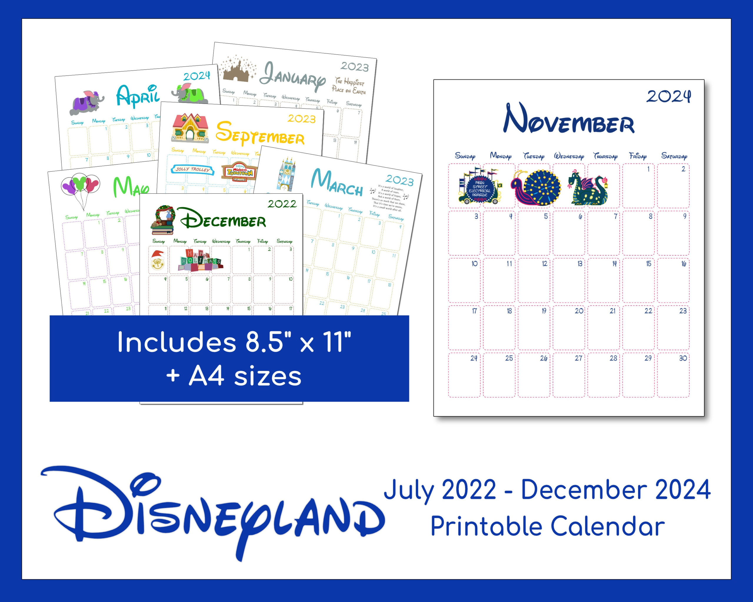 Disneyland Printable Calendar | July 2022 - December 2024 | Instant  Download | Pdf File | A4 And 8.5&amp;quot;X11&amp;quot; Sizes for Disney 2024 Calendar Printable