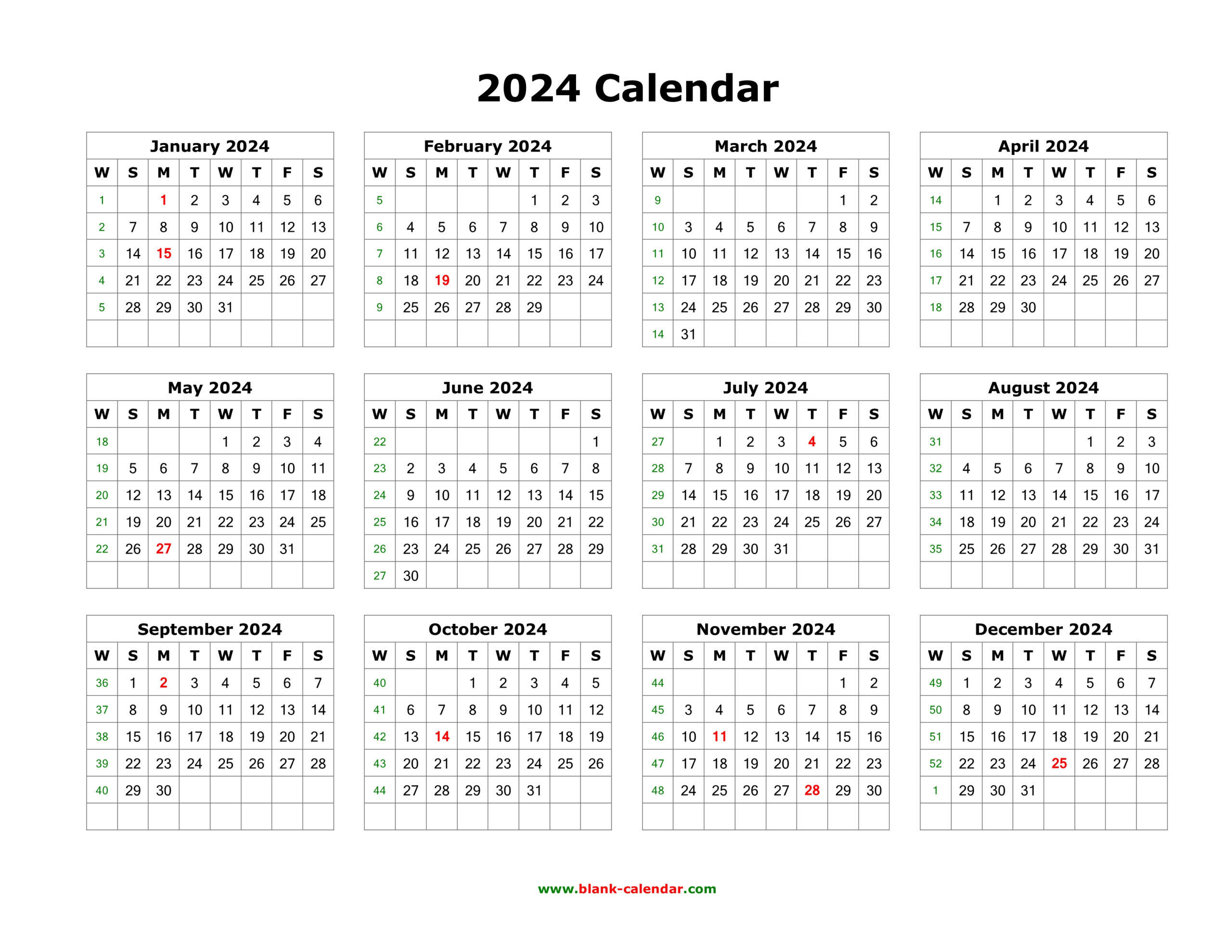 Download Blank Calendar 2024 (12 Months On One Page, Horizontal) for 12 Month 2024 Printable Calendar