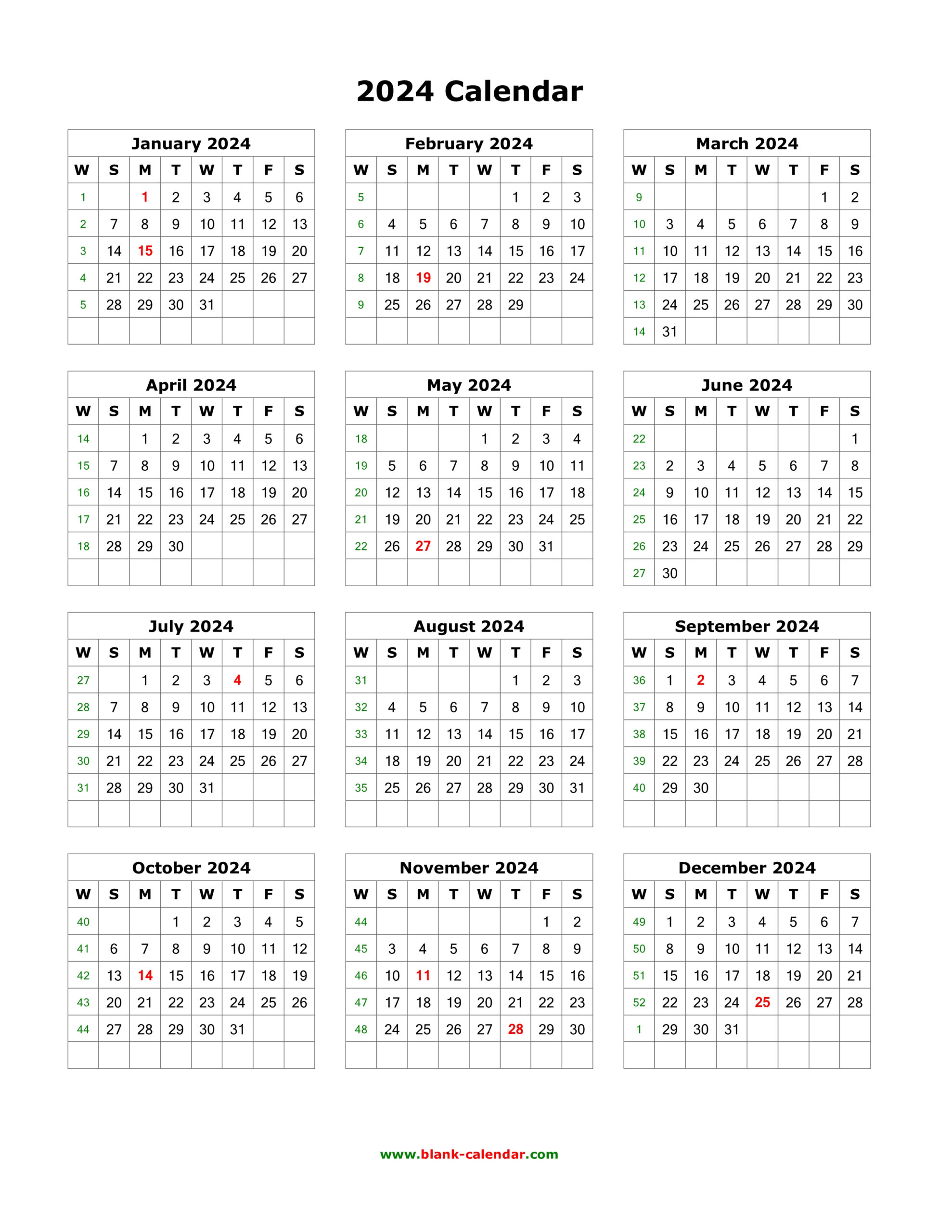 Download Blank Calendar 2024 (12 Months On One Page, Vertical) for 12 Month Printable Calendar 2024 One Page