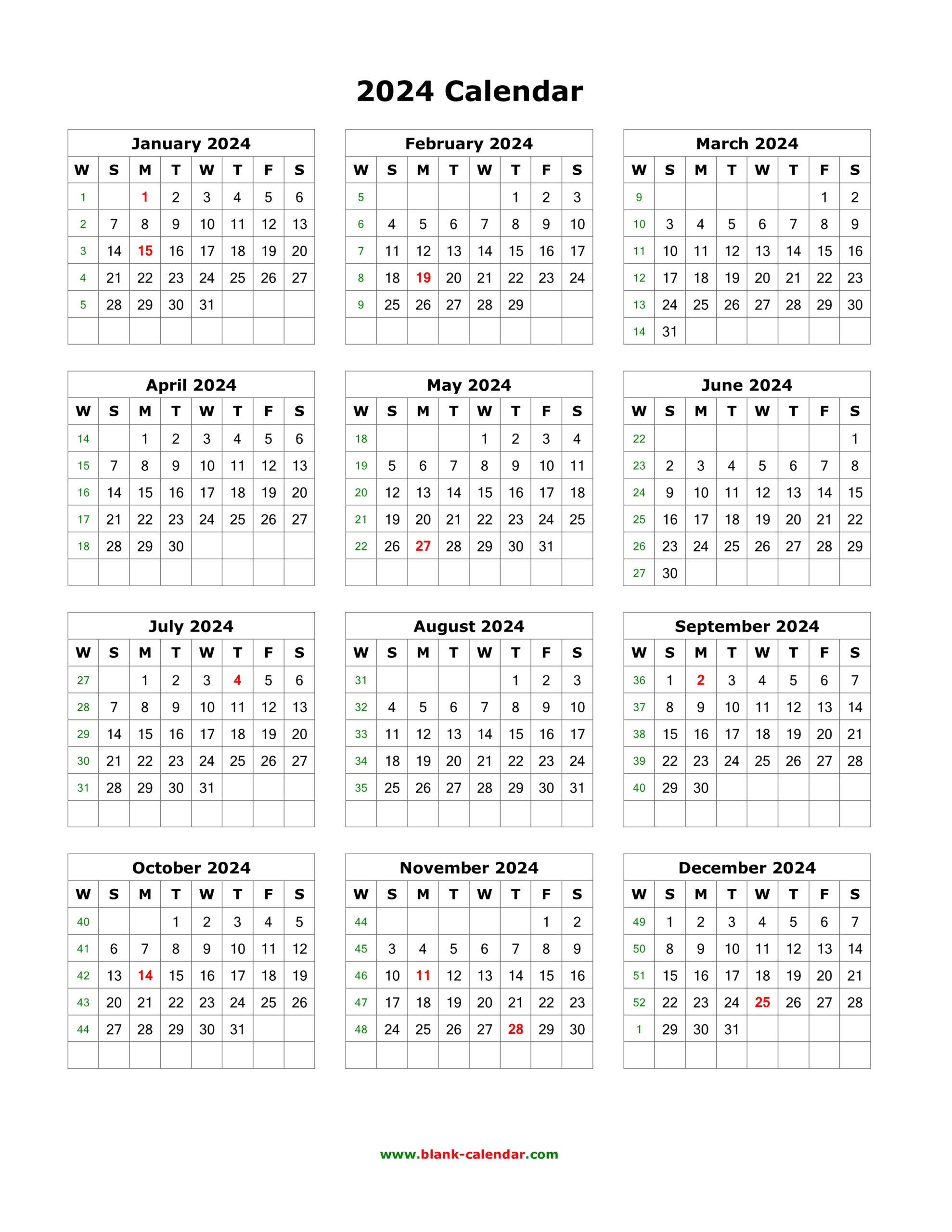 Download Blank Calendar 2024 (12 Months On One Page, Vertical) for 2024 Calendar Pages Printable