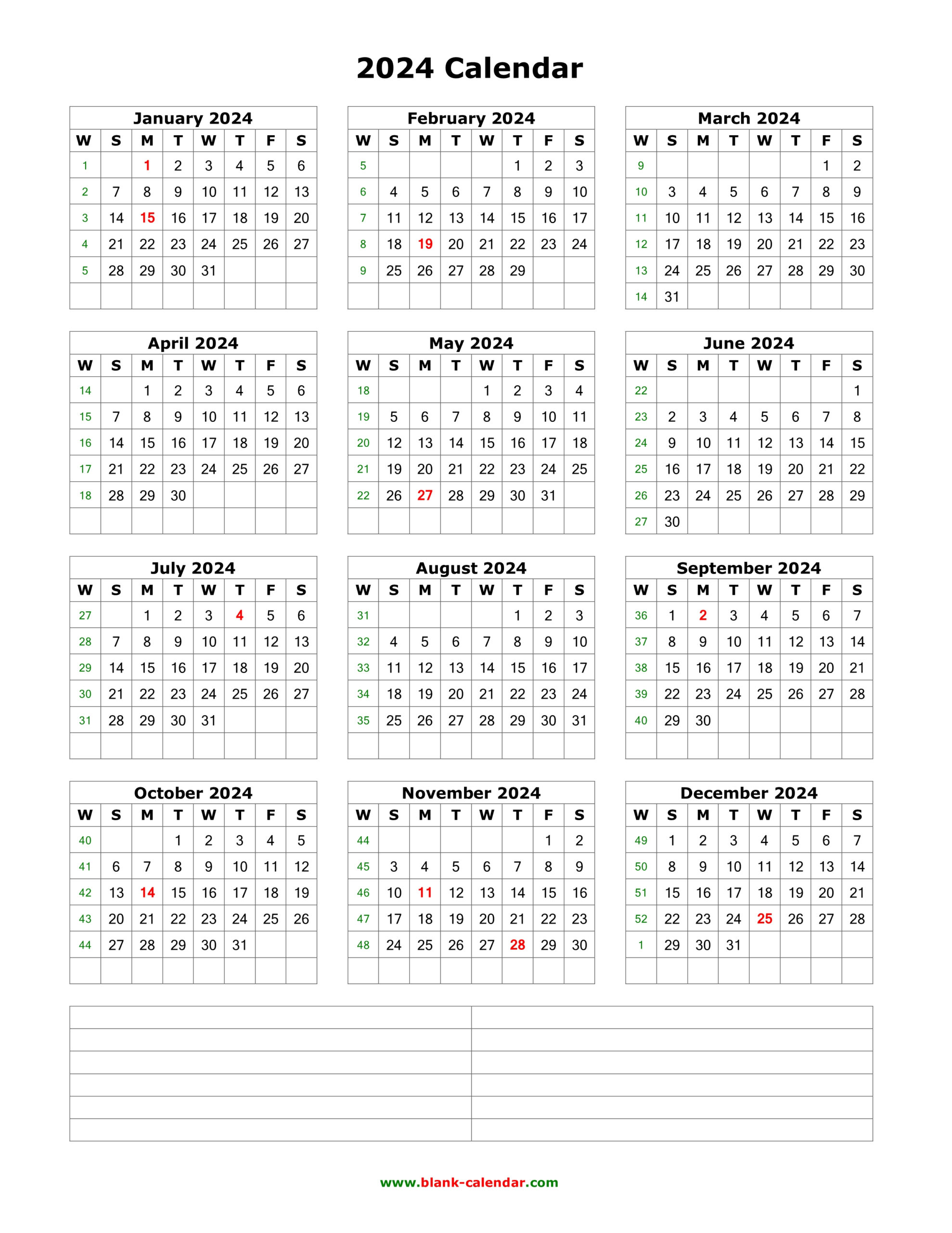 Printable Calendar With Notes 2024 | Printable Calendar 2024