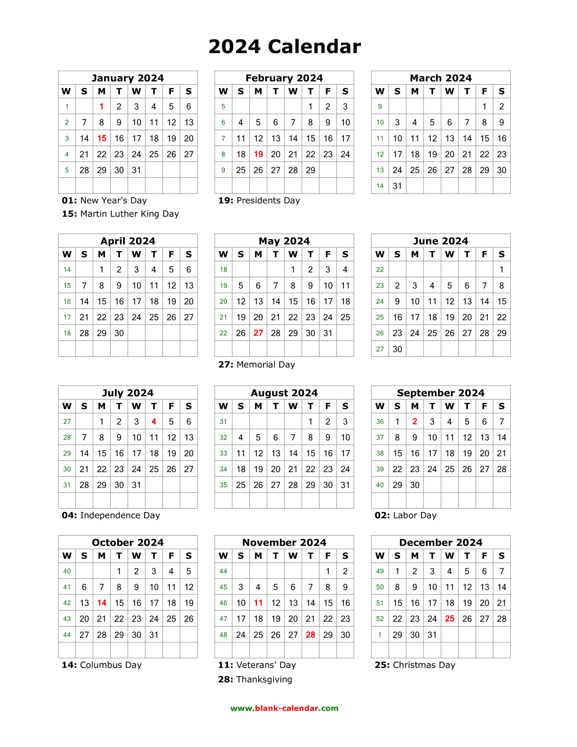 Download Blank Calendar 2024 With Us Holidays (12 Months On One for 2024 Calendar Printable 12 Months