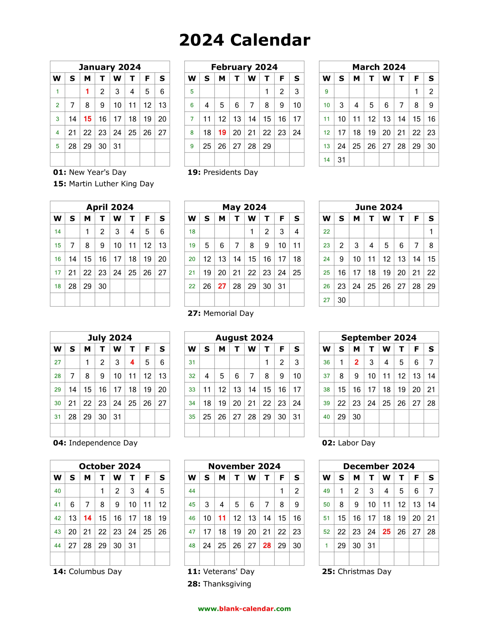 Download Blank Calendar 2024 With Us Holidays (12 Months On One for 2024 Printable Calendar 12 Months