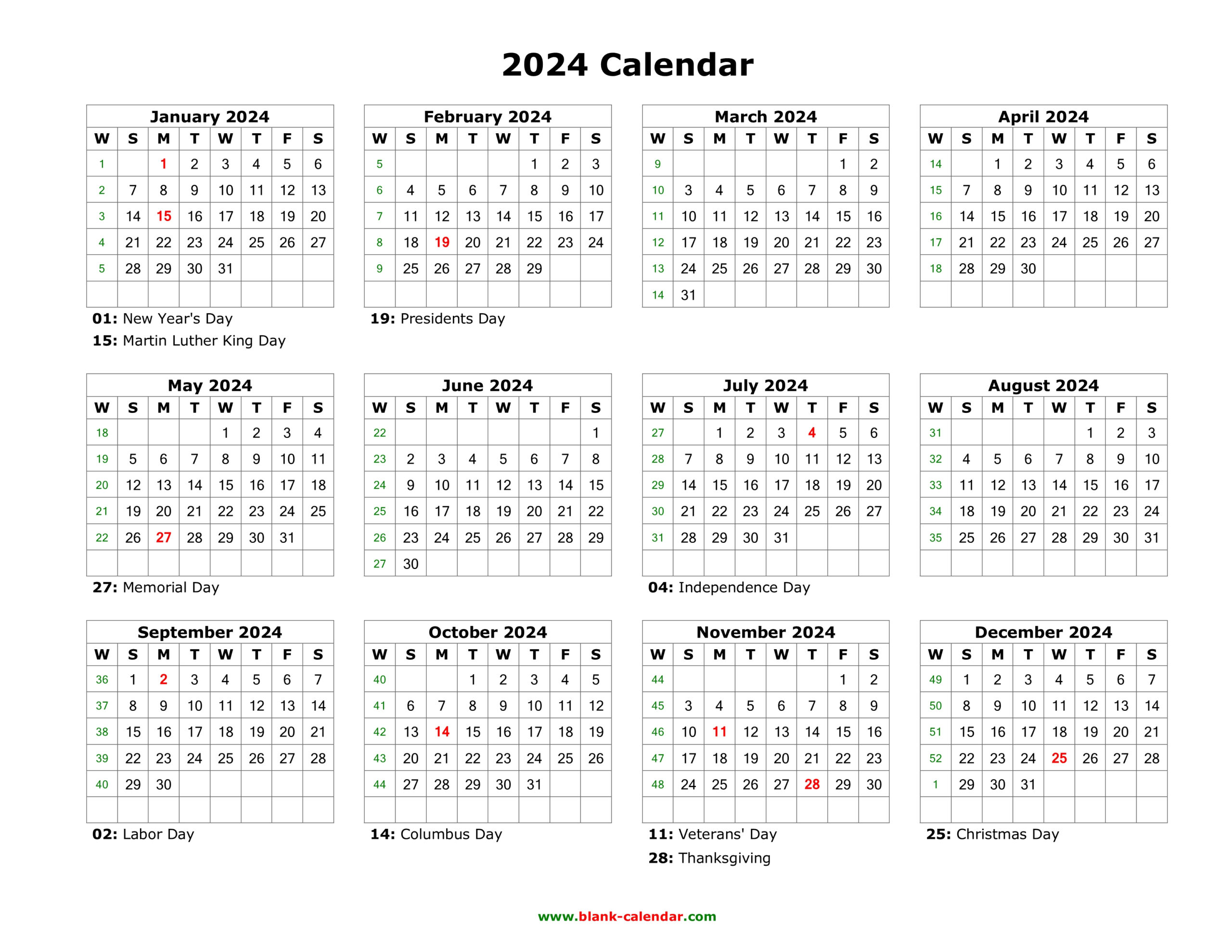 Download Blank Calendar 2024 With Us Holidays (12 Months On One for 2024 Printable Calendar With Holidays One Page