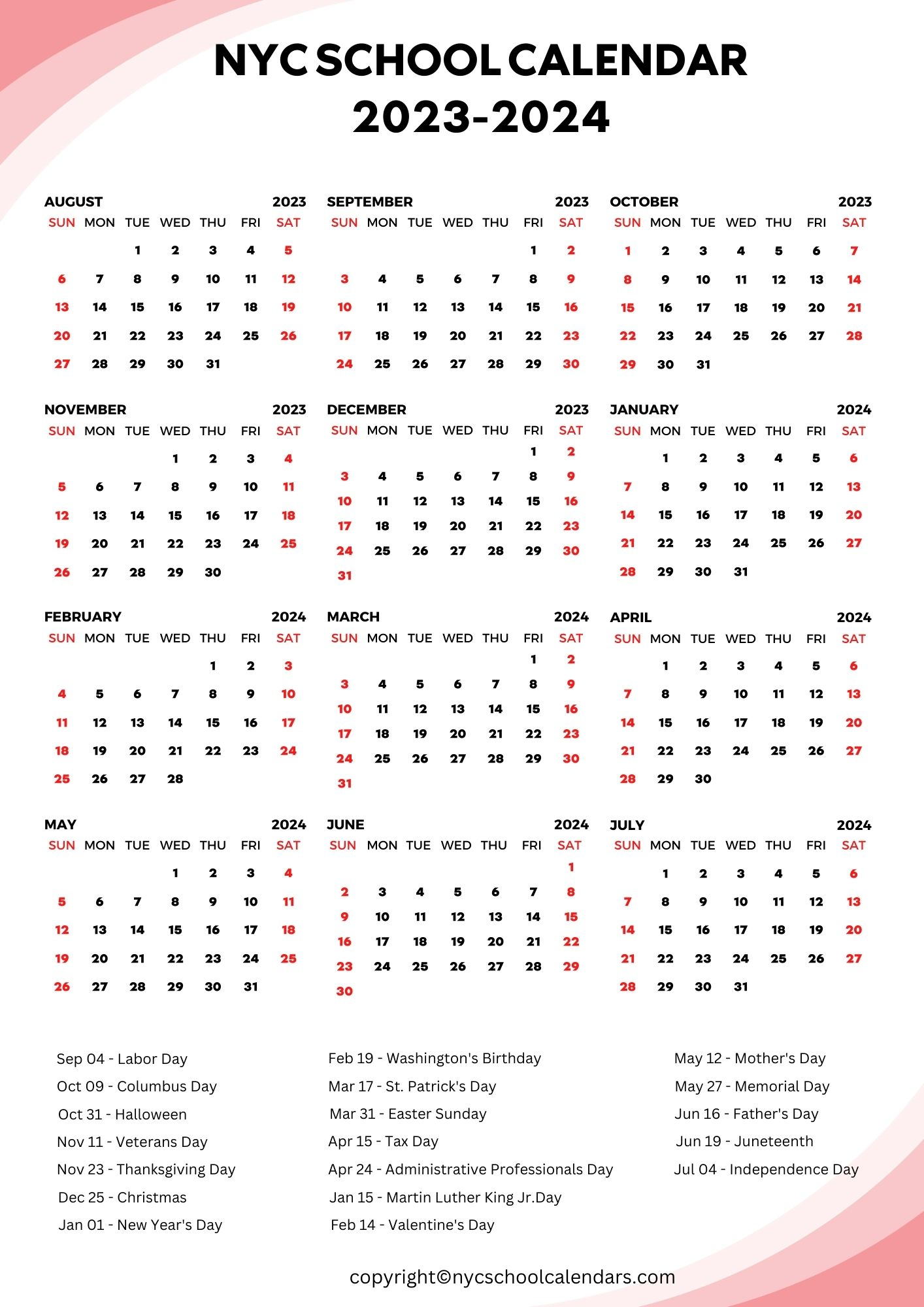 ❤️Nyc School Calendar 2023 With Holidays [New York] ✓ for Nyc School Calendar 2023 To 2024 Printable