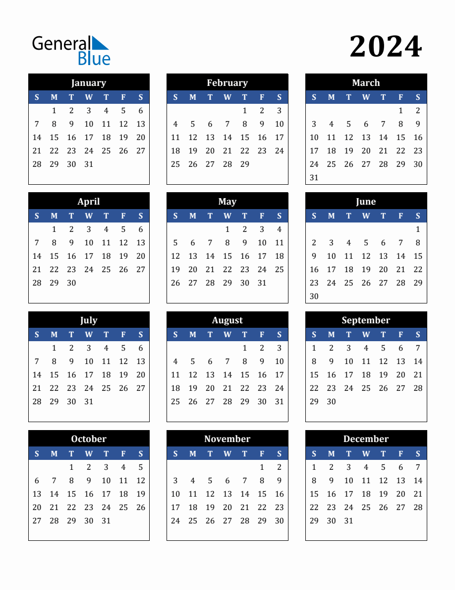 Editable 2024 Calendar for General Blue Printable Calendar 2024