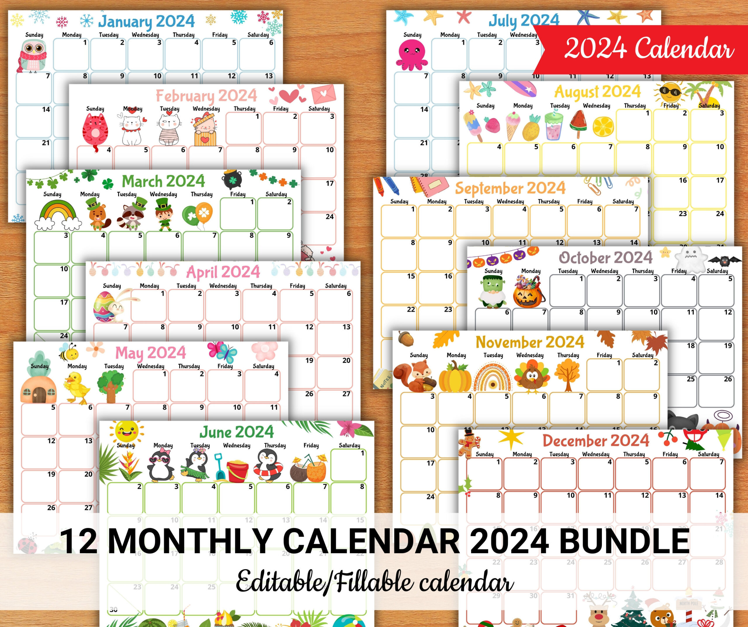 Editable 2024 Calendars Cute Monthly Calendar For Kids - Etsy for Printable 2024 Calendar For Kids