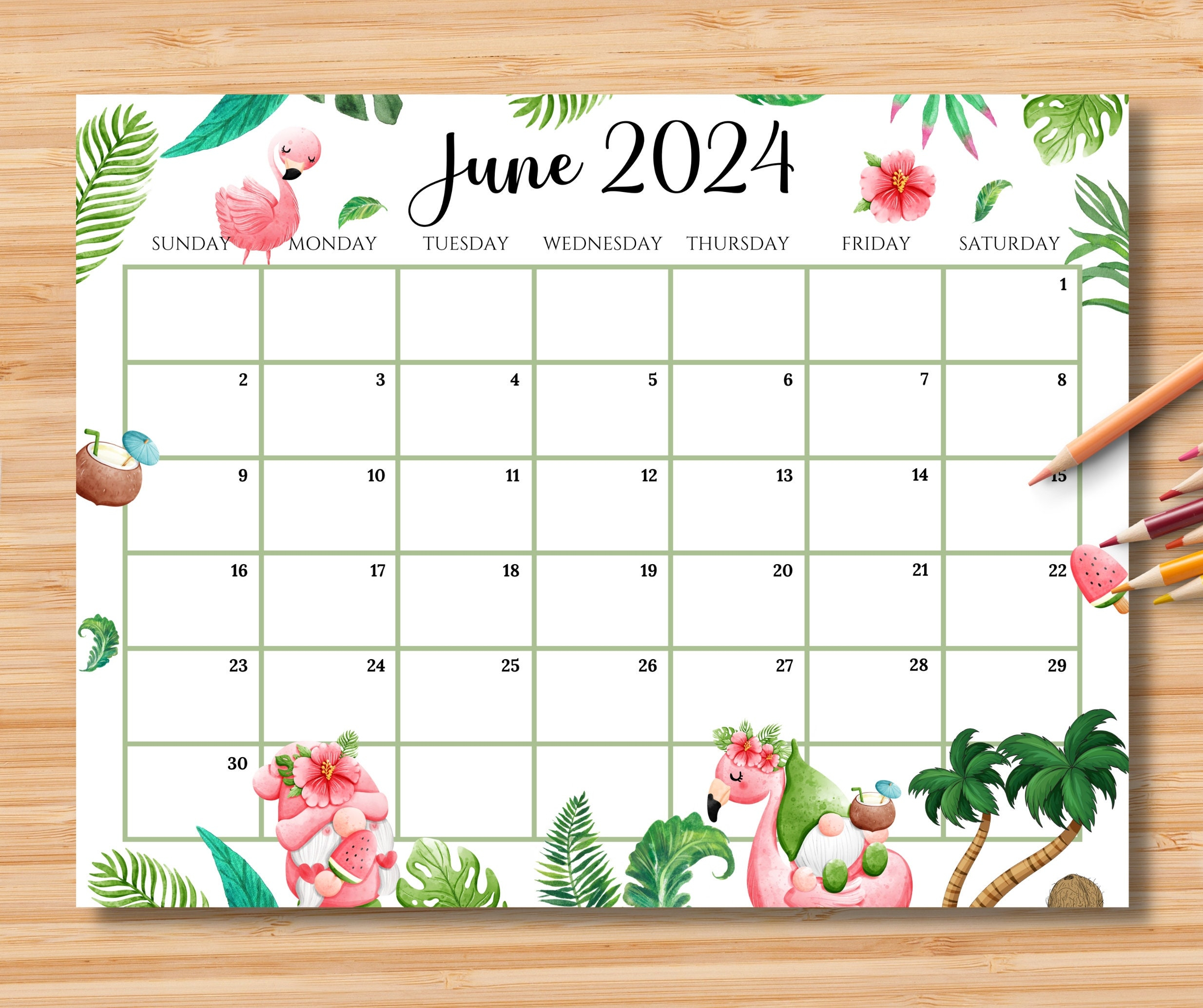 Editable June 2024 Calendar Joyful Summer With Cute Gnomes for Cute June 2024 Calendar Printable