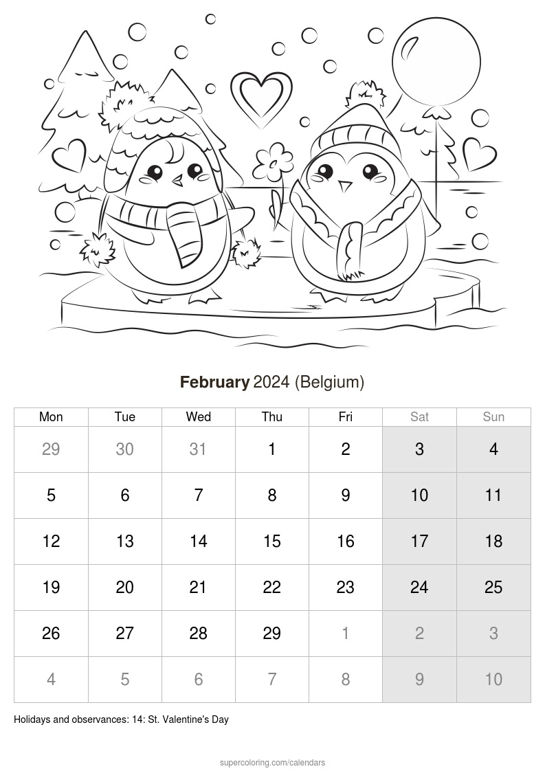 February 2024 Calendar - Belgium for 2024 Printable Coloring Calendar