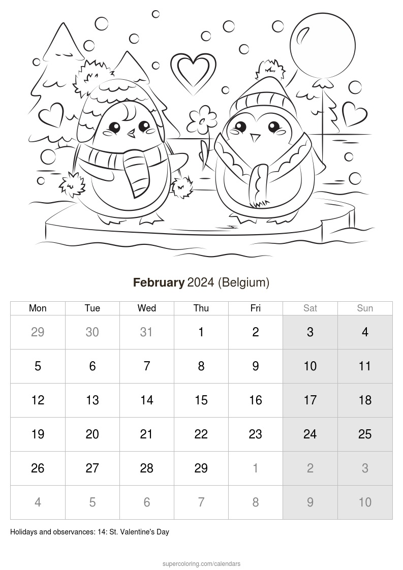 February 2024 Calendar - Belgium for Coloring Calendar 2024 Printable