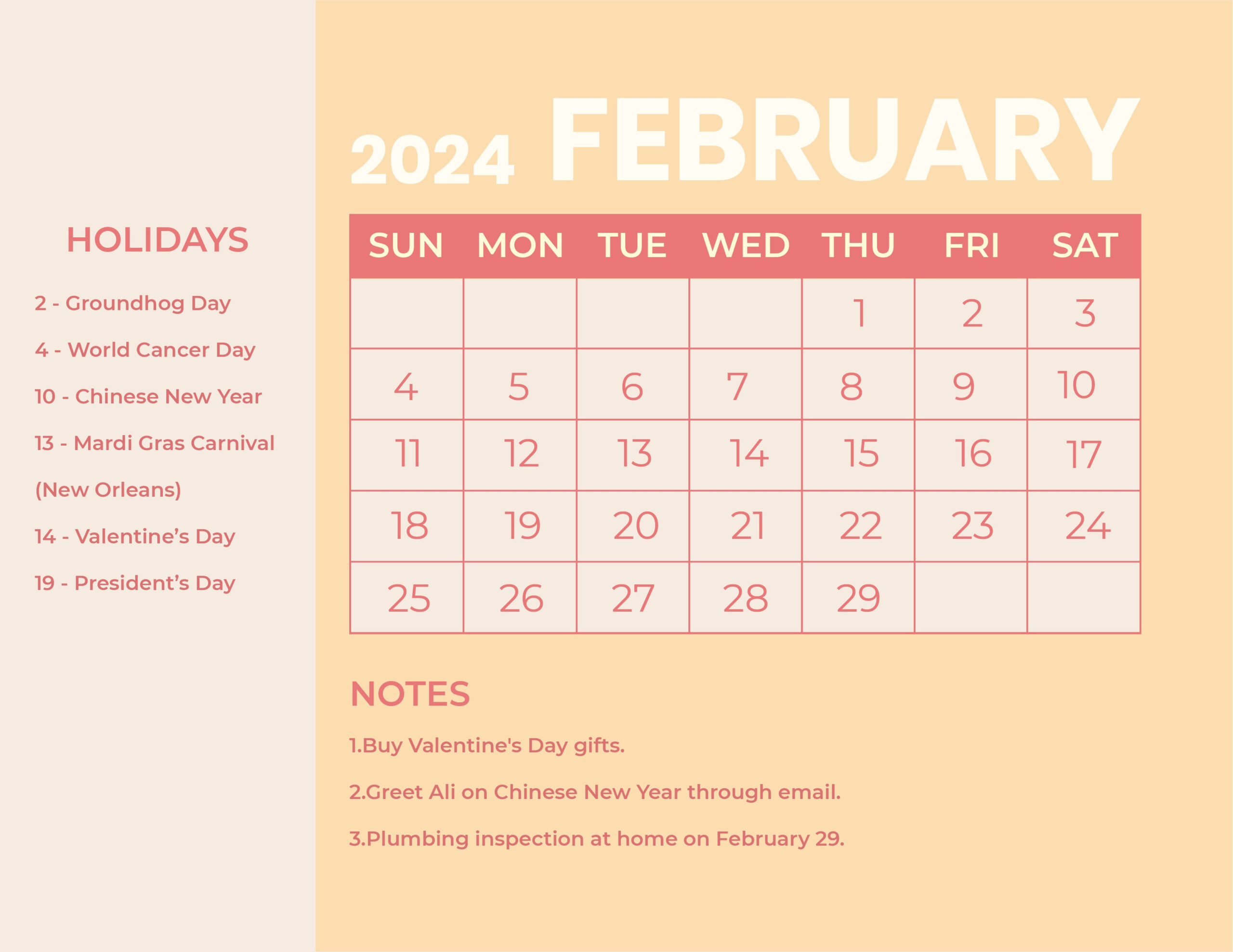 February 2024 Calendar With Holidays - Word, Illustrator, Eps, Svg for February 2024 Calendar With Holidays Printable