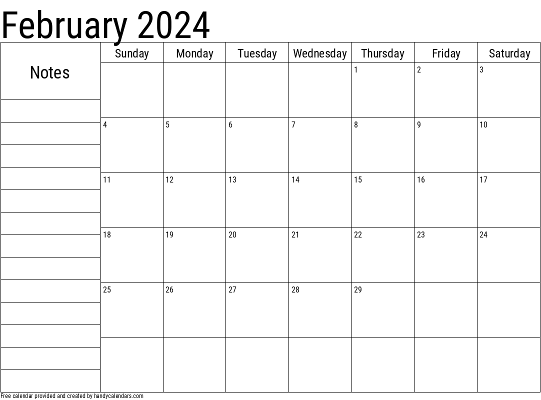 February 2024 Calendar With Notes - Handy Calendars for February 2024 Calendar Printable With Notes