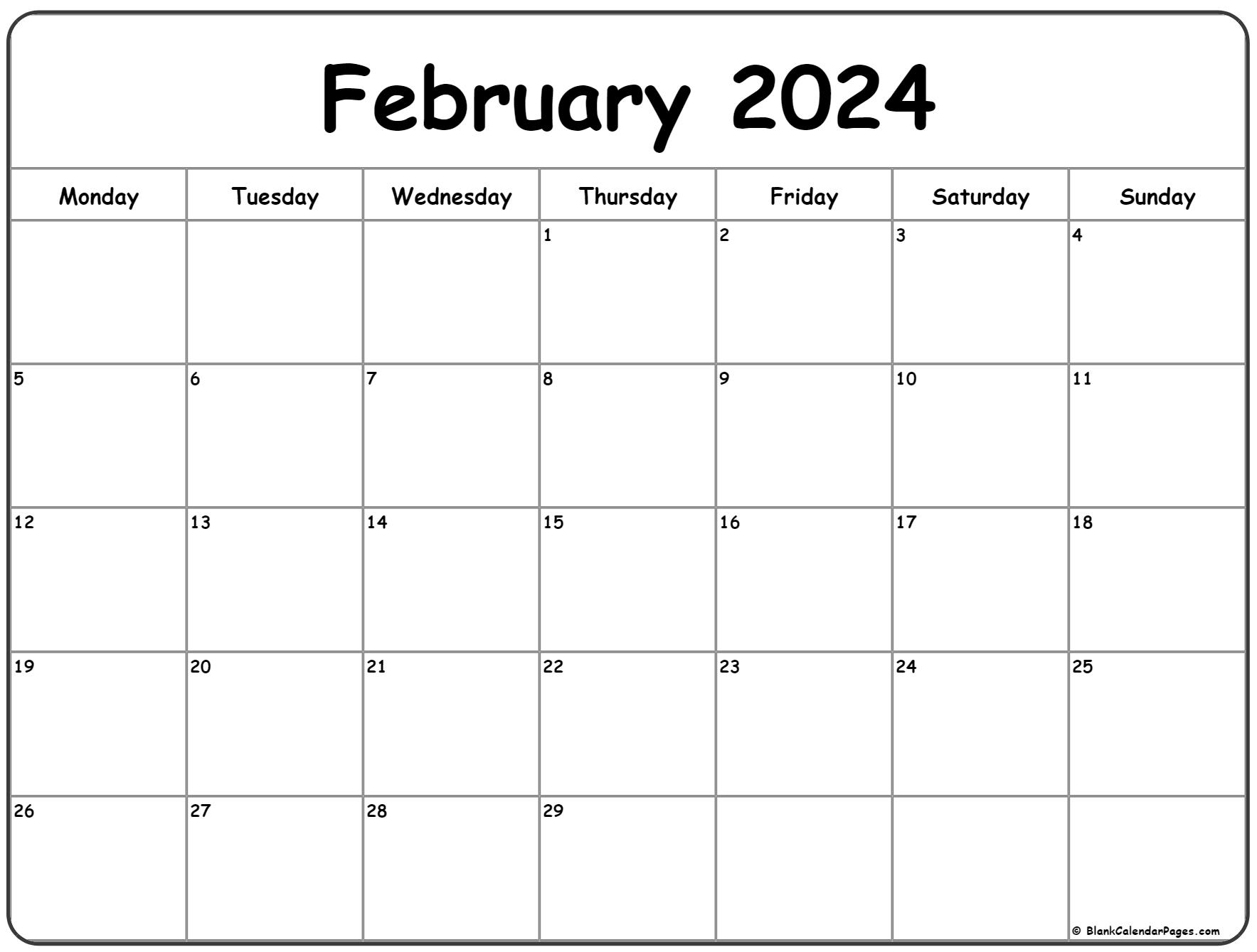 February 2024 Monday Calendar | Monday To Sunday for Feb Printable Calendar 2024