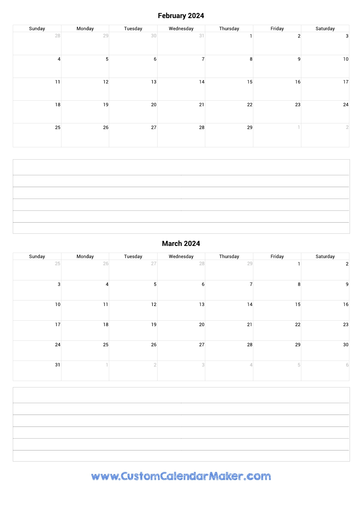 February And March 2024 Calendar for February March 2024 Printable Calendar