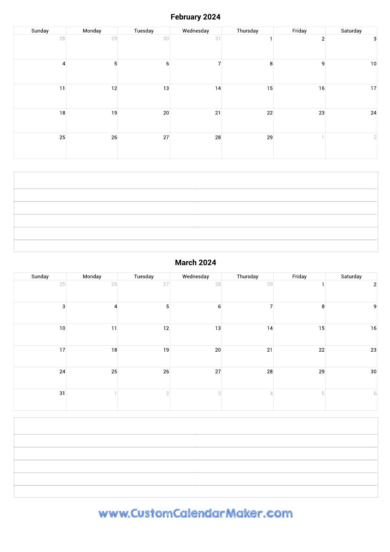 February And March 2024 Calendar for February March Calendar 2024 Printable