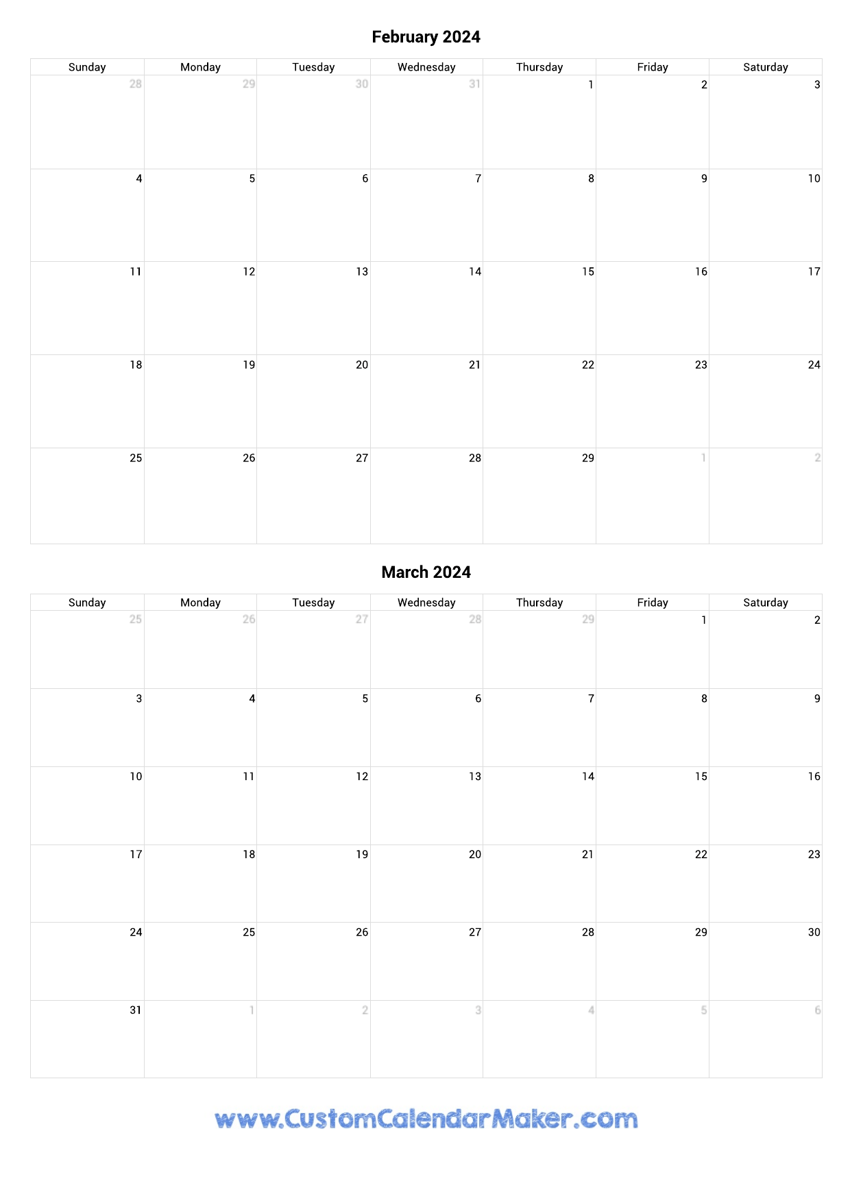 February And March 2024 Calendar for Printable Calendar Feb March 2024