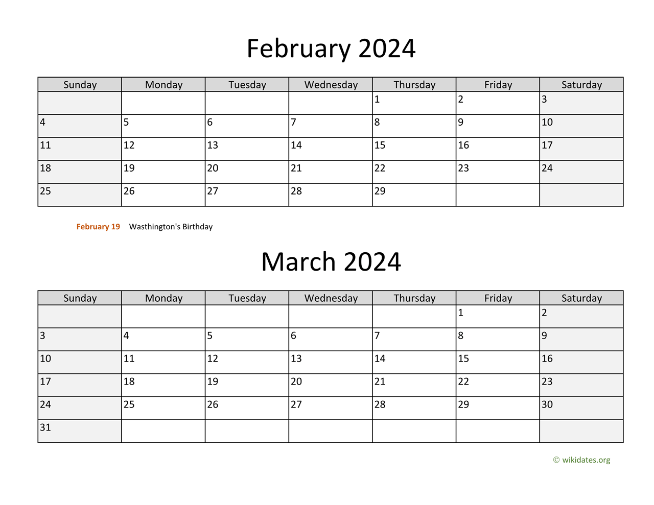 February And March 2024 Calendar | Wikidates for February March Calendar 2024 Printable