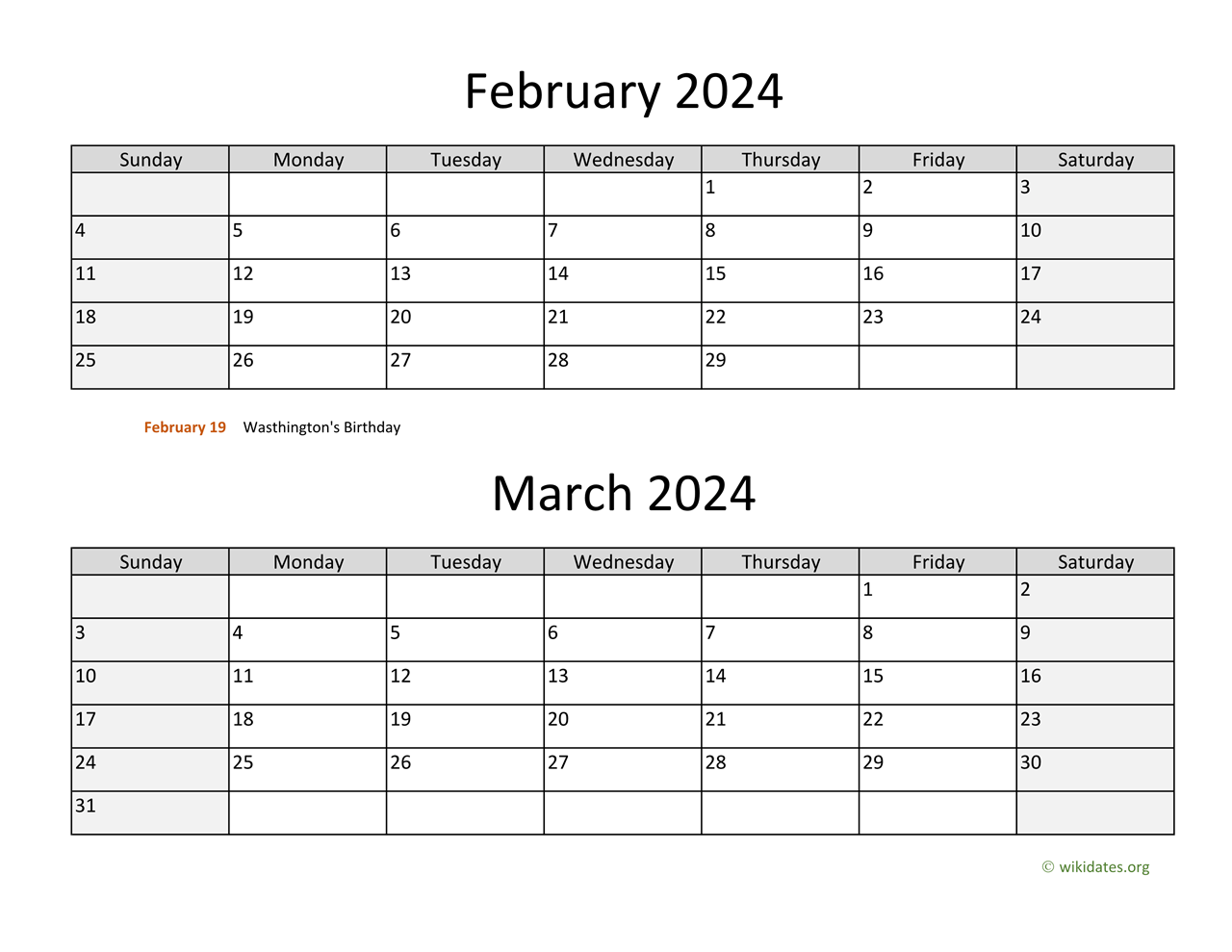 February And March 2024 Calendar | Wikidates for Printable Calendar 2024 February March