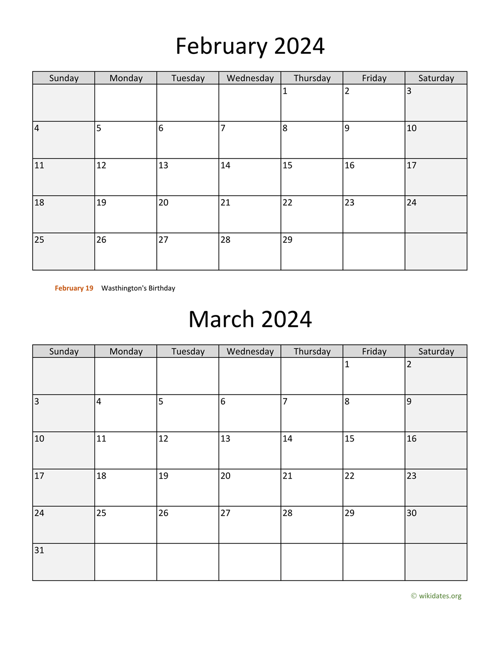 February And March 2024 Calendar | Wikidates for Printable Calendar 2024 February March