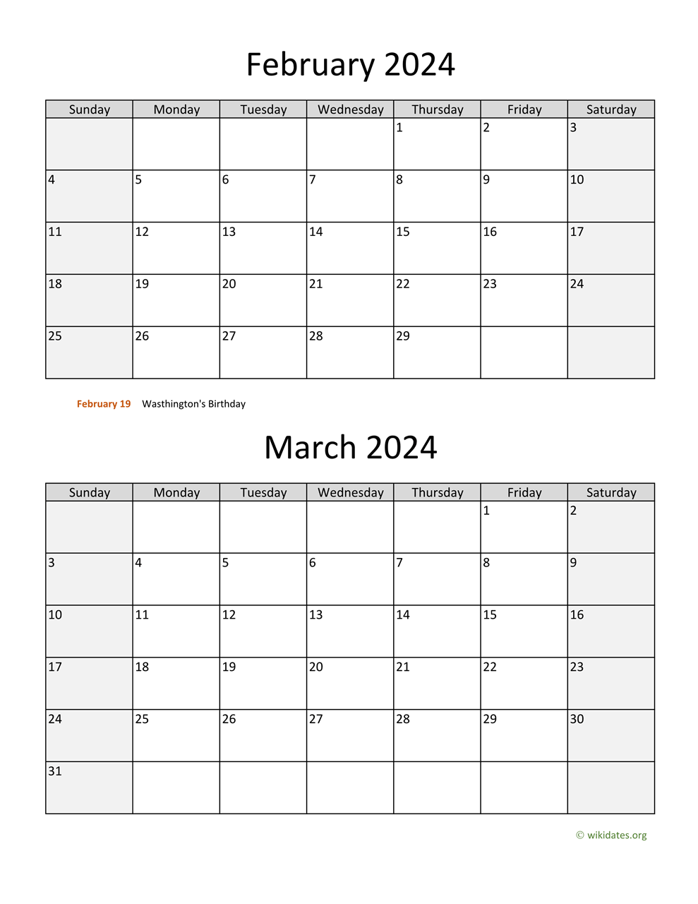 February And March 2024 Calendar | Wikidates for Printable February March 2024 Calendar