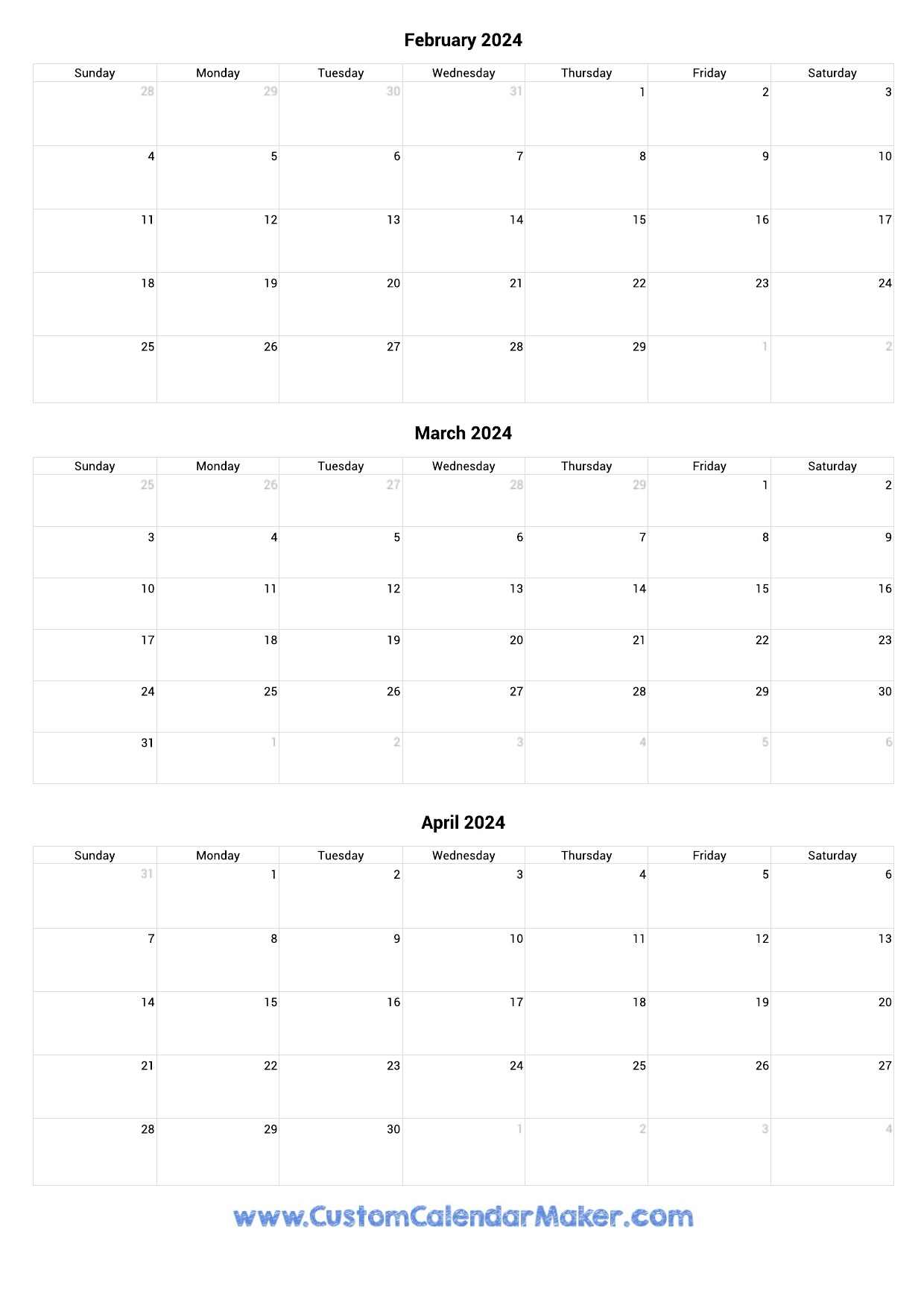 February To April 2024 Calendar Printable for February March April 2024 Calendar Printable