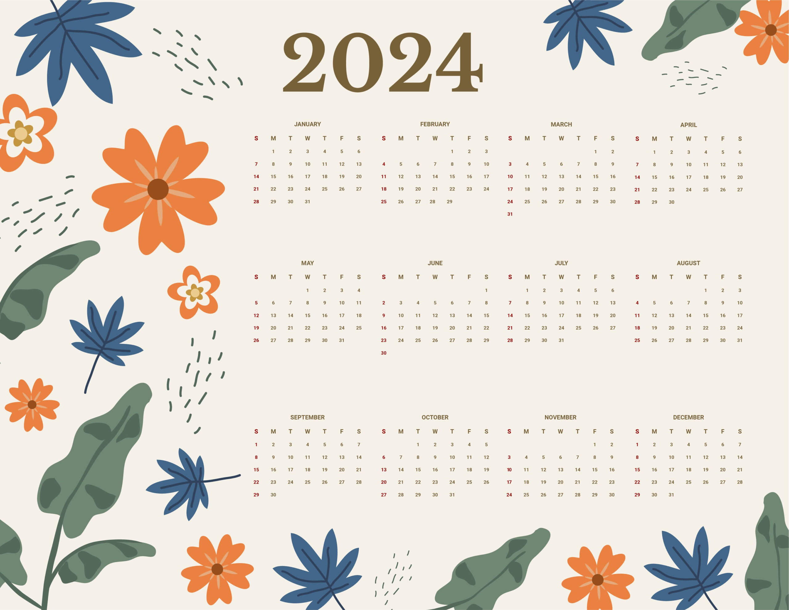 Floral Year 2024 Calendar - Word, Google Docs, Illustrator, Eps for 2024 Calendar Printable Aesthetic