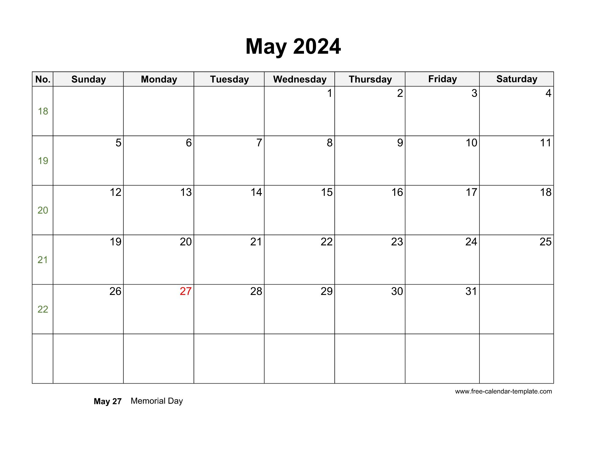 Free 2024 Calendar Blank May Template (Horizontal) | Free-Calendar for May 2024 Calendar Printable Word